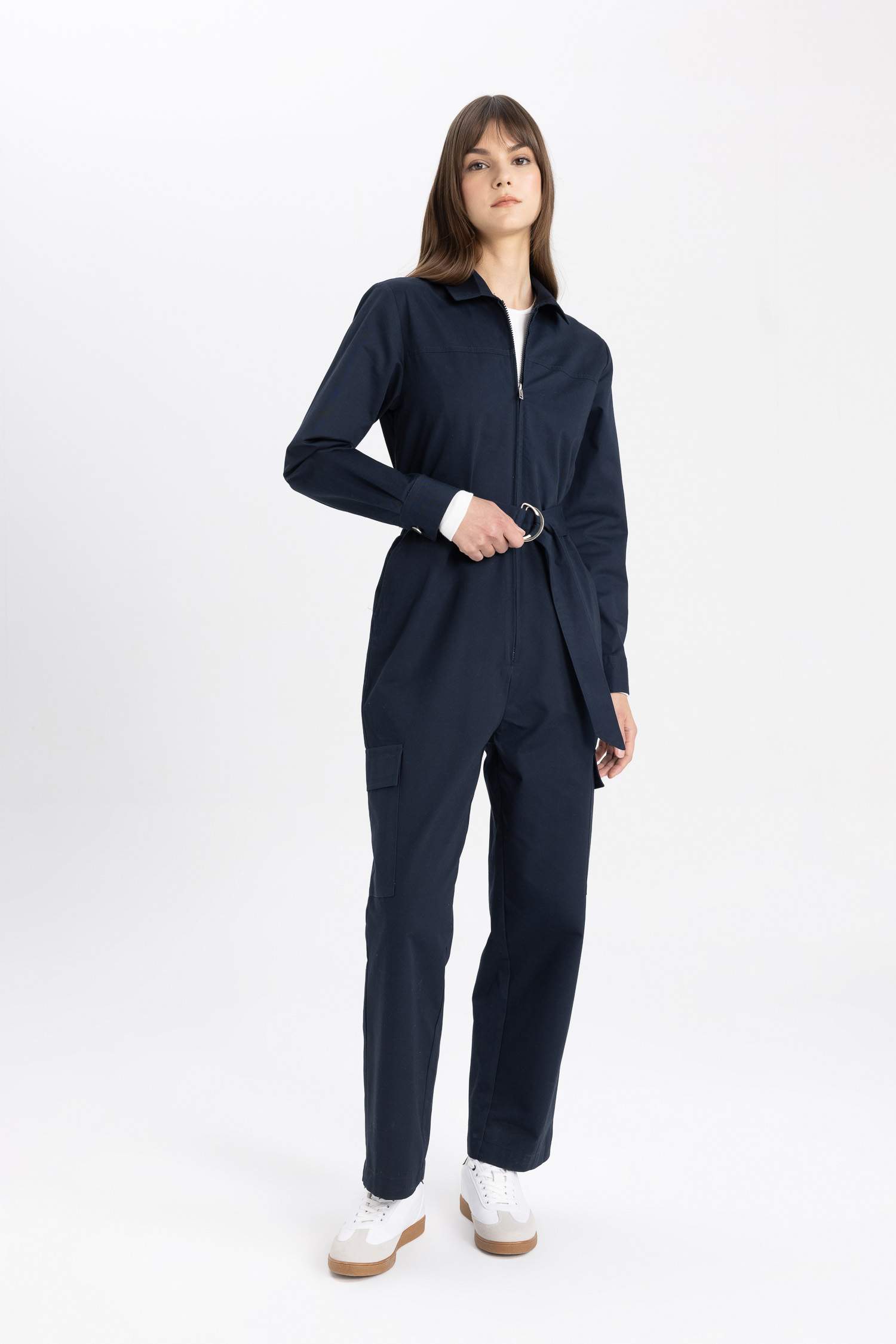 Shirt Collar Gabardine Long Sleeve Belted Jumpsuit