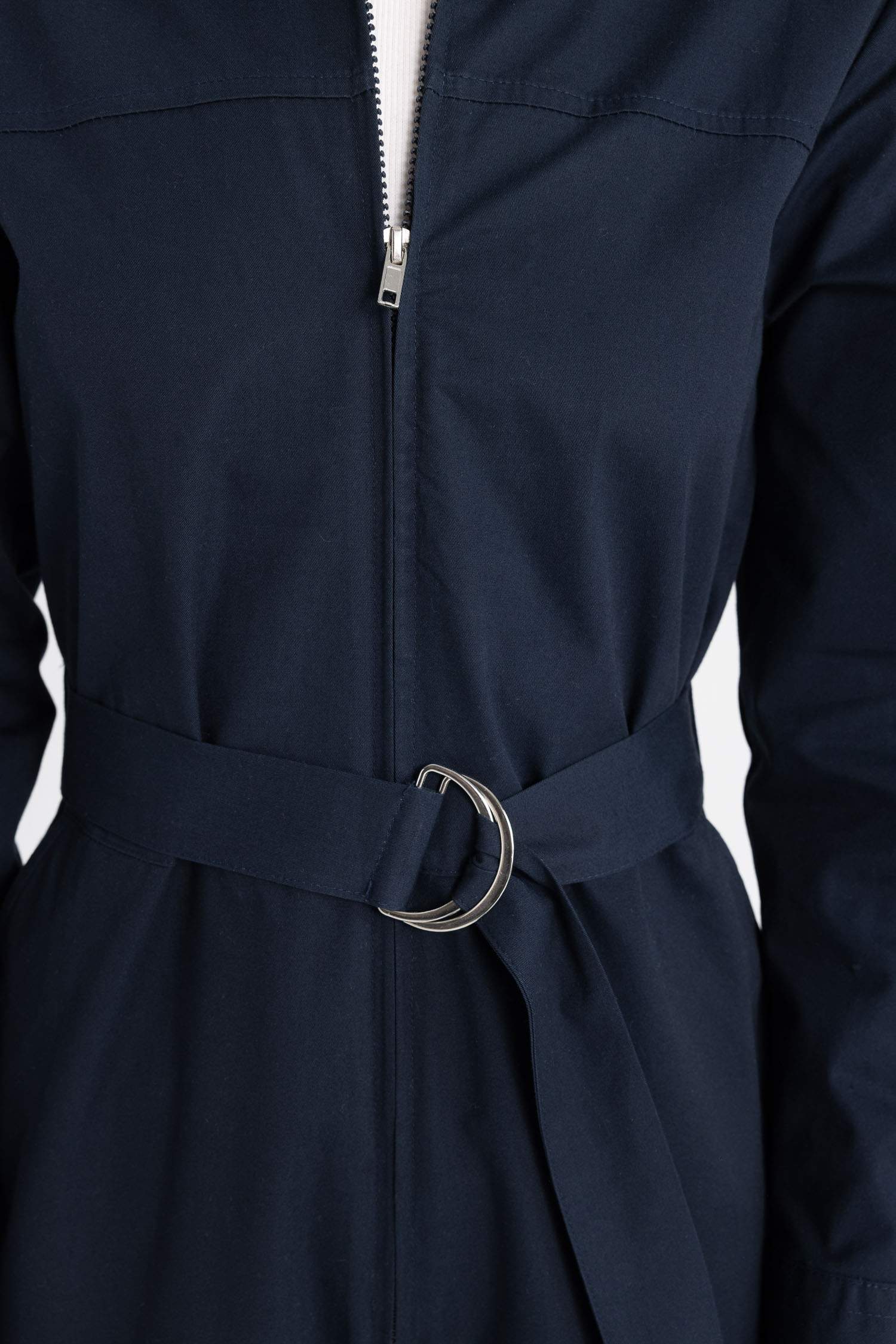 Shirt Collar Gabardine Long Sleeve Belted Jumpsuit