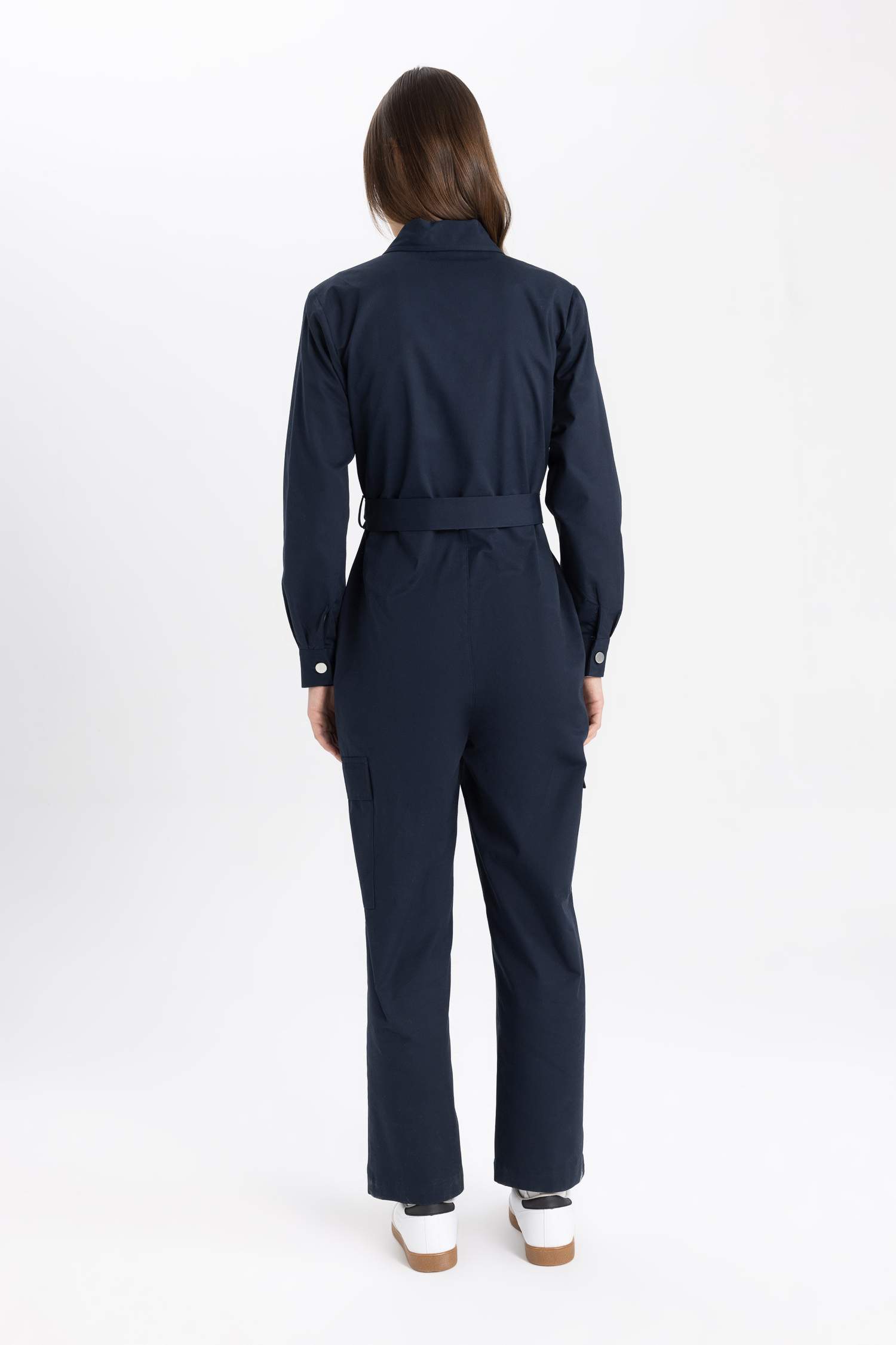 Shirt Collar Gabardine Long Sleeve Belted Jumpsuit