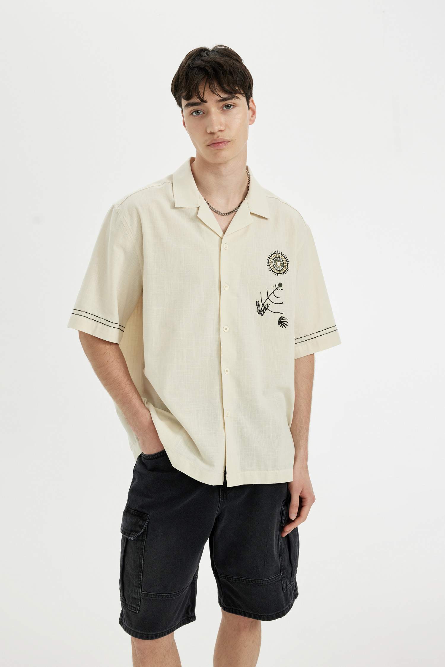 Relax Fit Apache Neck Cotton Embroidered Short Sleeve Shirt