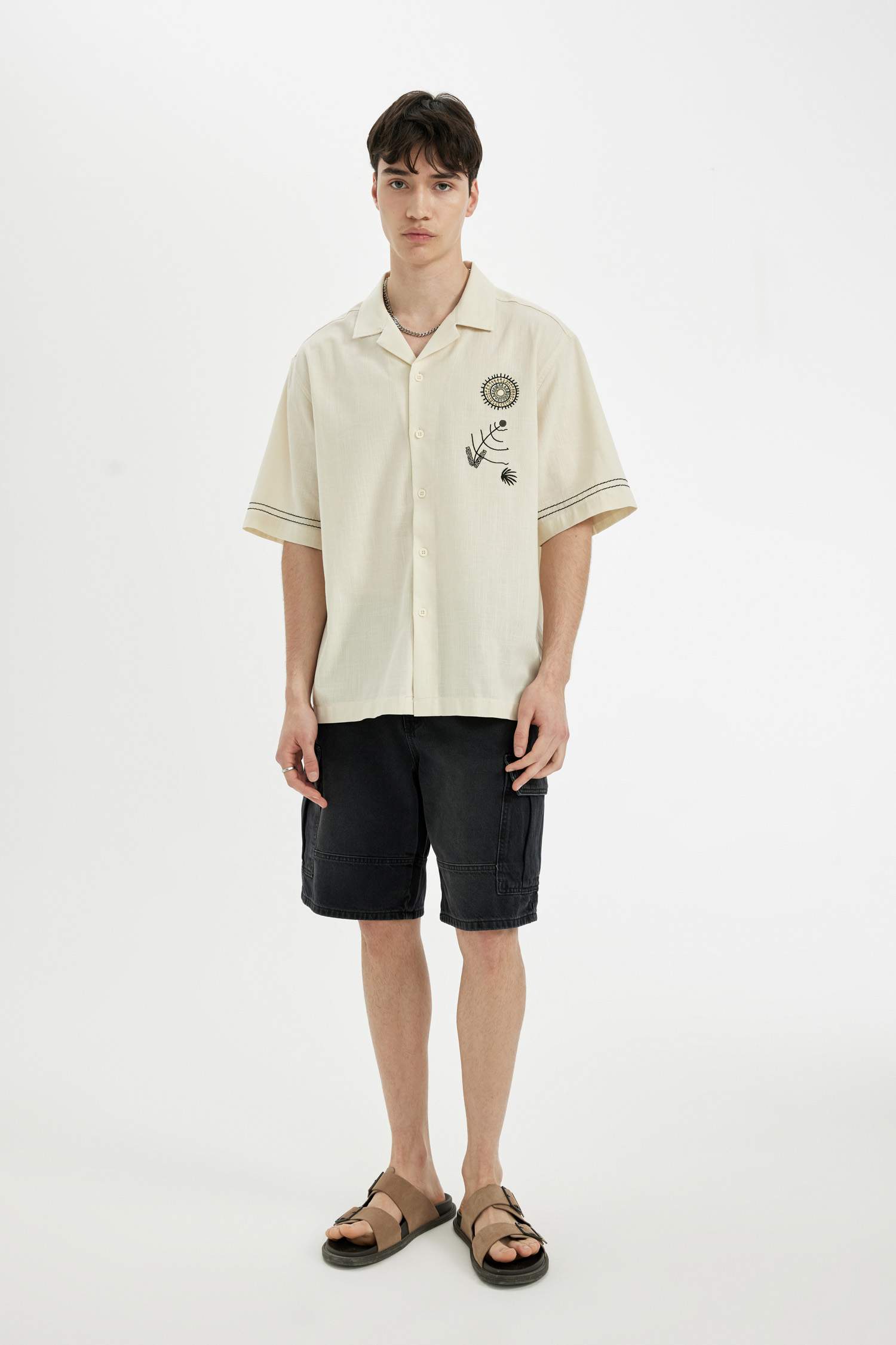 Relax Fit Apache Neck Cotton Embroidered Short Sleeve Shirt