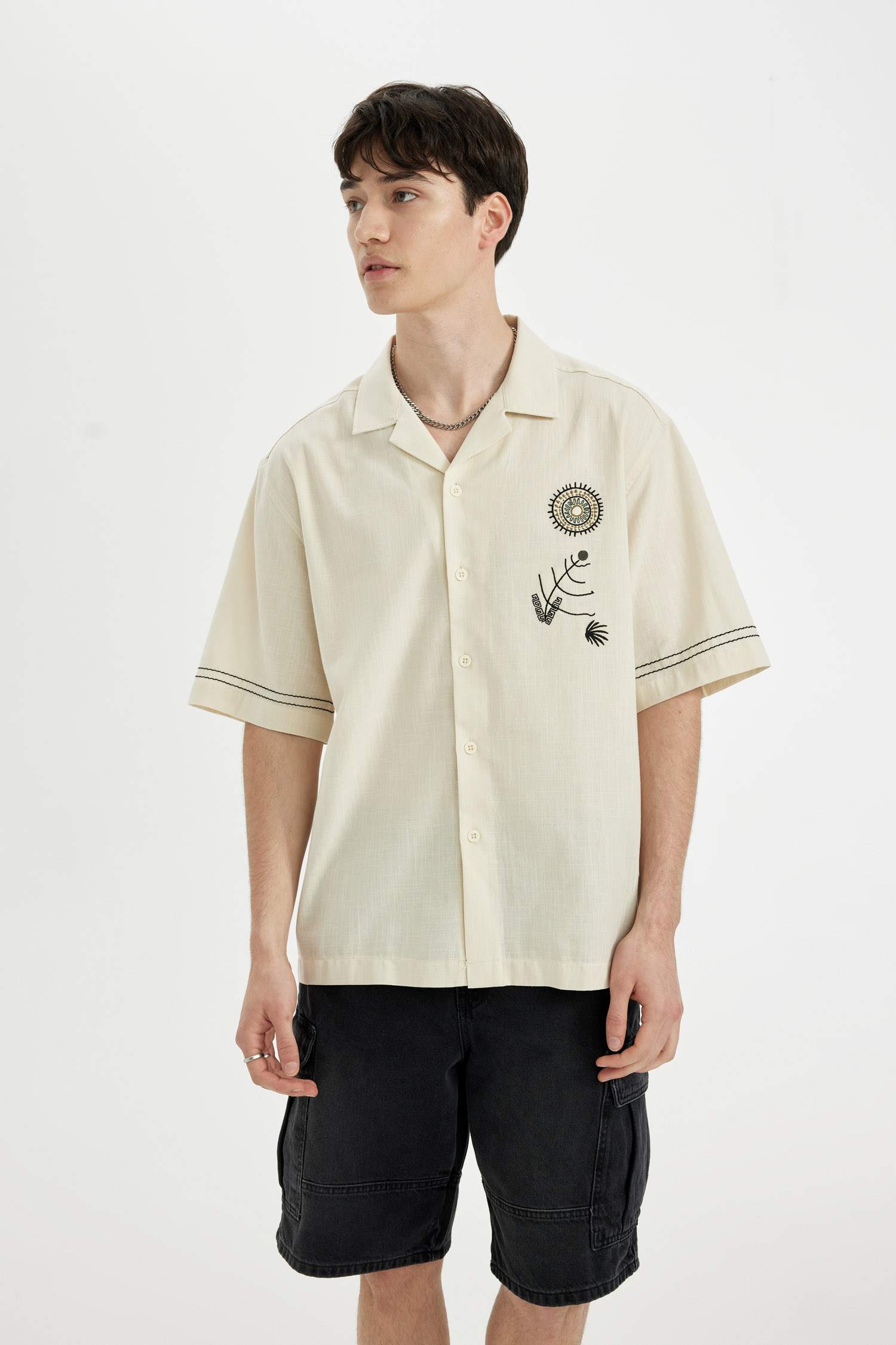 Relax Fit Apache Neck Cotton Embroidered Short Sleeve Shirt