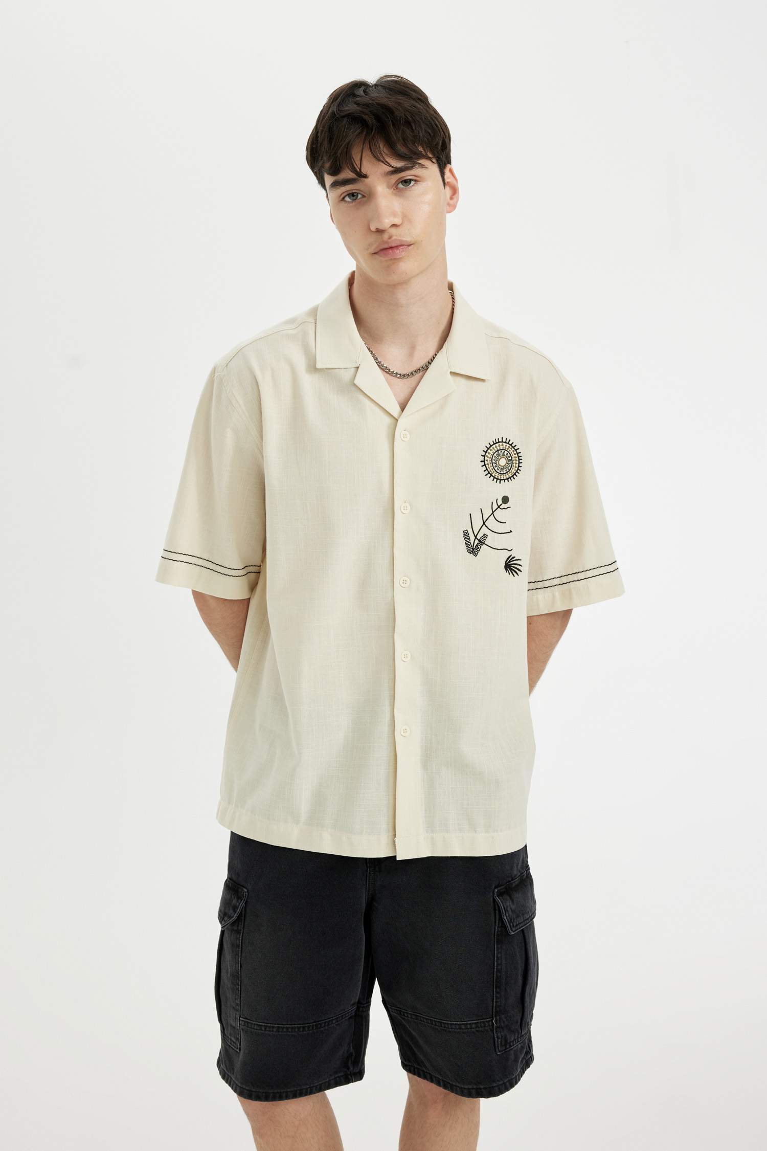 Relax Fit Apache Neck Cotton Embroidered Short Sleeve Shirt