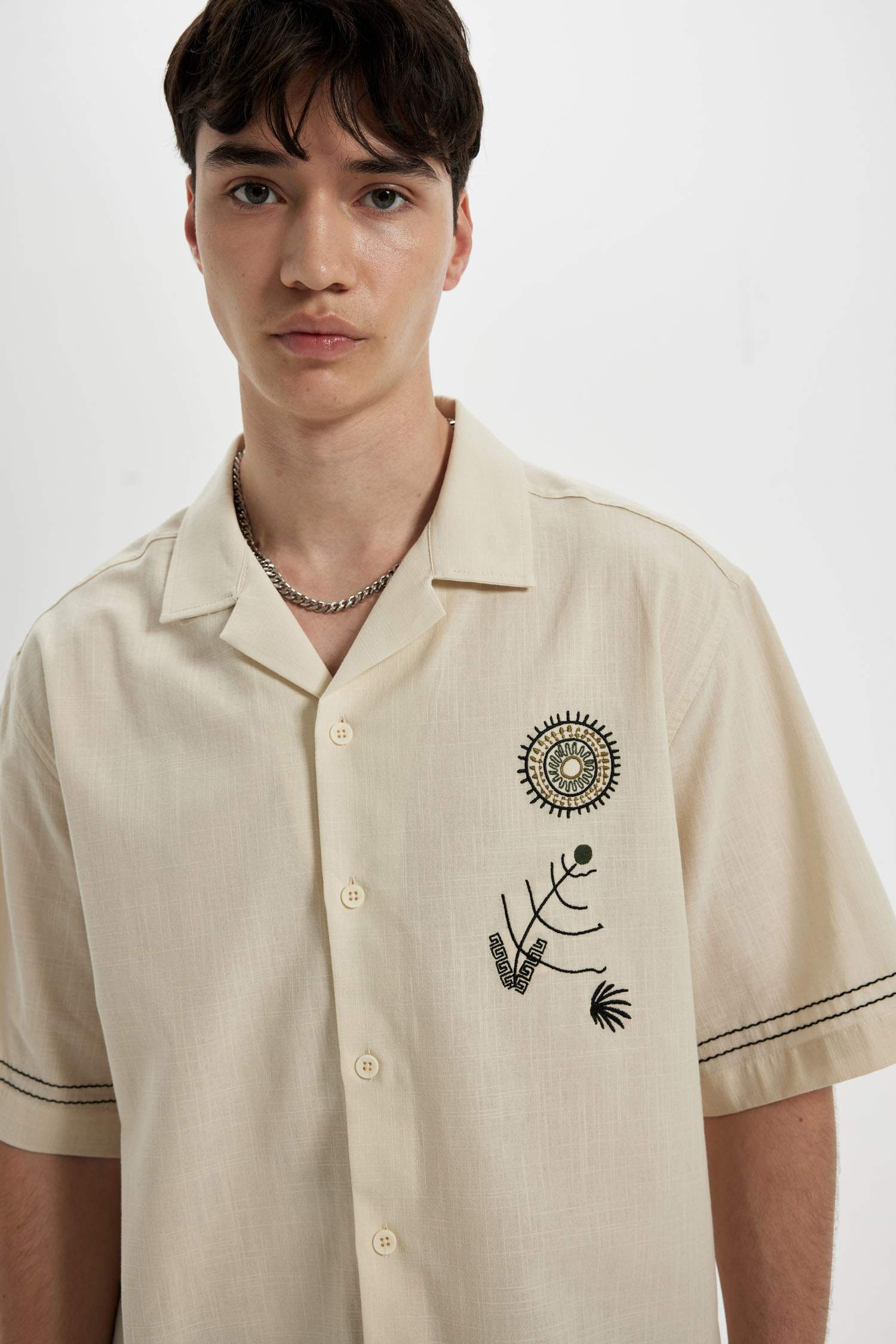 Relax Fit Apache Neck Cotton Embroidered Short Sleeve Shirt