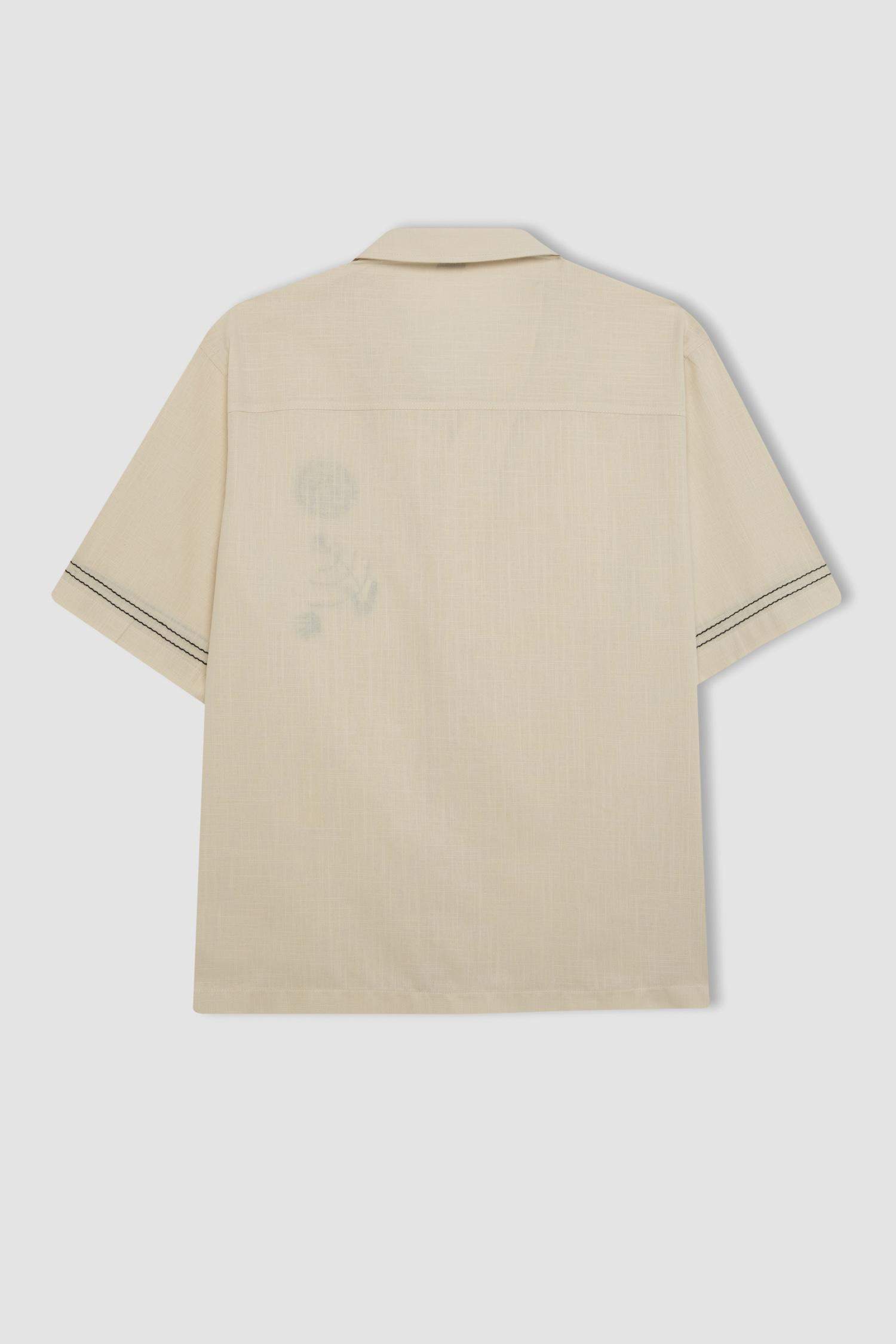 Relax Fit Apache Neck Cotton Embroidered Short Sleeve Shirt