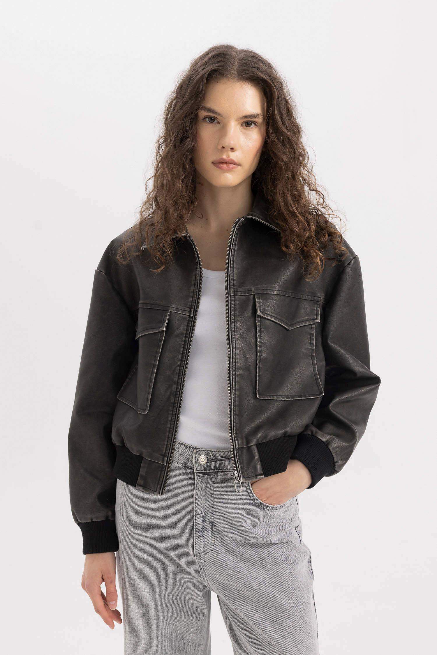 Su Geçirmez Suni Deri Ceket Mont Regular Kalıp Polo Yaka Fermuarlı Eskitme