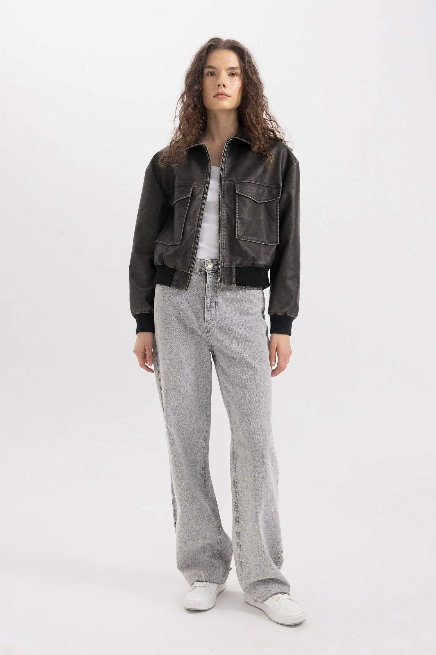 Su Geçirmez Suni Deri Ceket Mont Regular Kalıp Polo Yaka Fermuarlı Eskitme