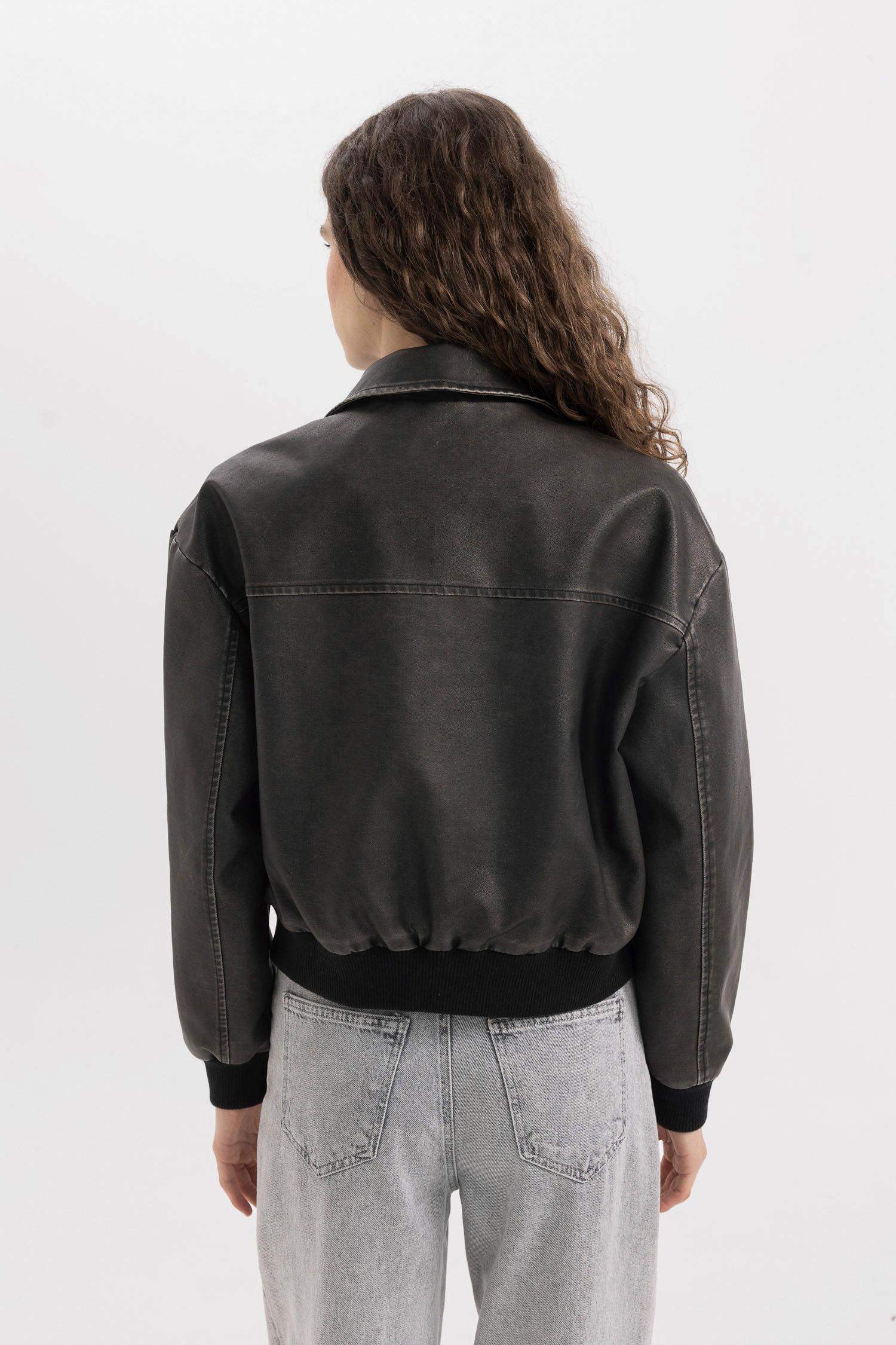 Su Geçirmez Suni Deri Ceket Mont Regular Kalıp Polo Yaka Fermuarlı Eskitme