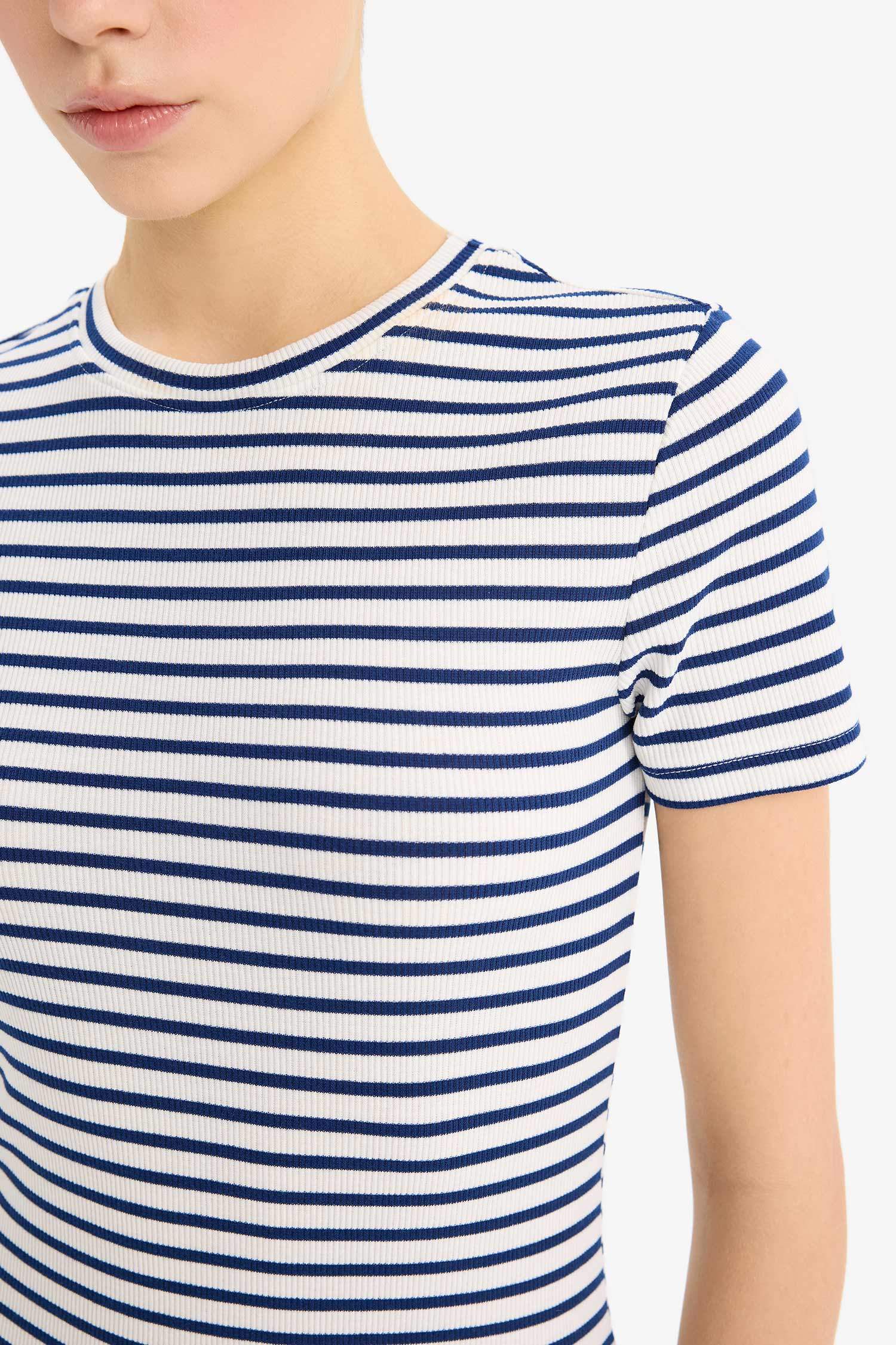 Coool Bodycon Vücudu Saran Bisiklet Yaka Çizgili Fitilli Kaşkorse Kısa Kollu Mini Elbise