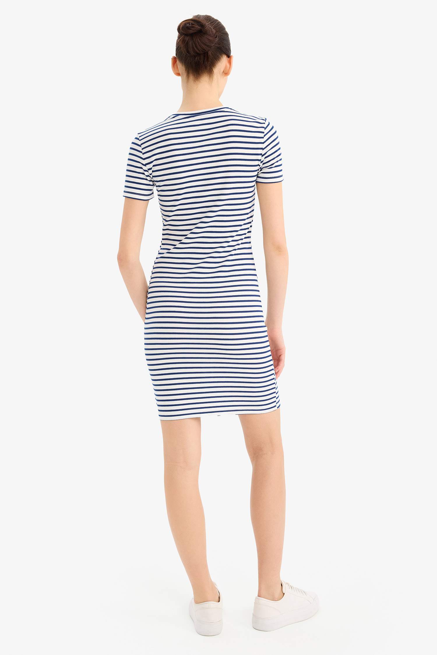 Coool Bodycon Vücudu Saran Bisiklet Yaka Çizgili Fitilli Kaşkorse Kısa Kollu Mini Elbise