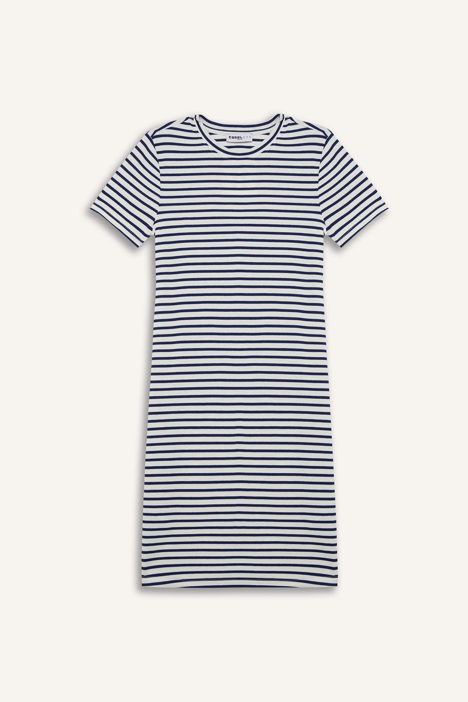 Coool Bodycon Vücudu Saran Bisiklet Yaka Çizgili Fitilli Kaşkorse Kısa Kollu Mini Elbise