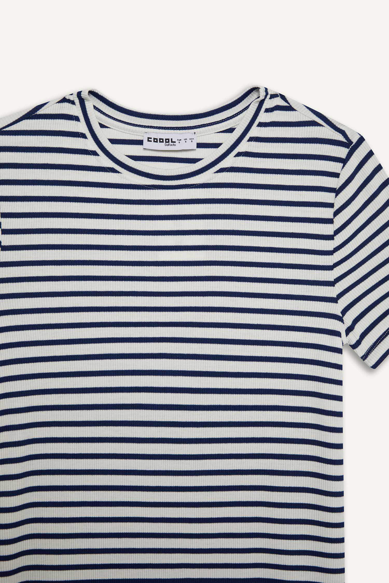 Coool Bodycon Vücudu Saran Bisiklet Yaka Çizgili Fitilli Kaşkorse Kısa Kollu Mini Elbise