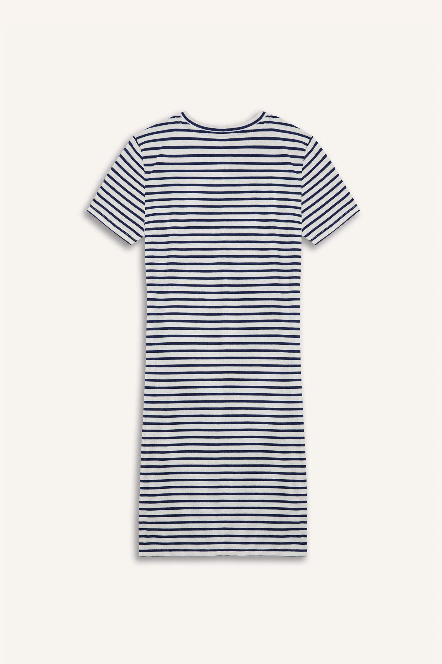 Coool Bodycon Vücudu Saran Bisiklet Yaka Çizgili Fitilli Kaşkorse Kısa Kollu Mini Elbise