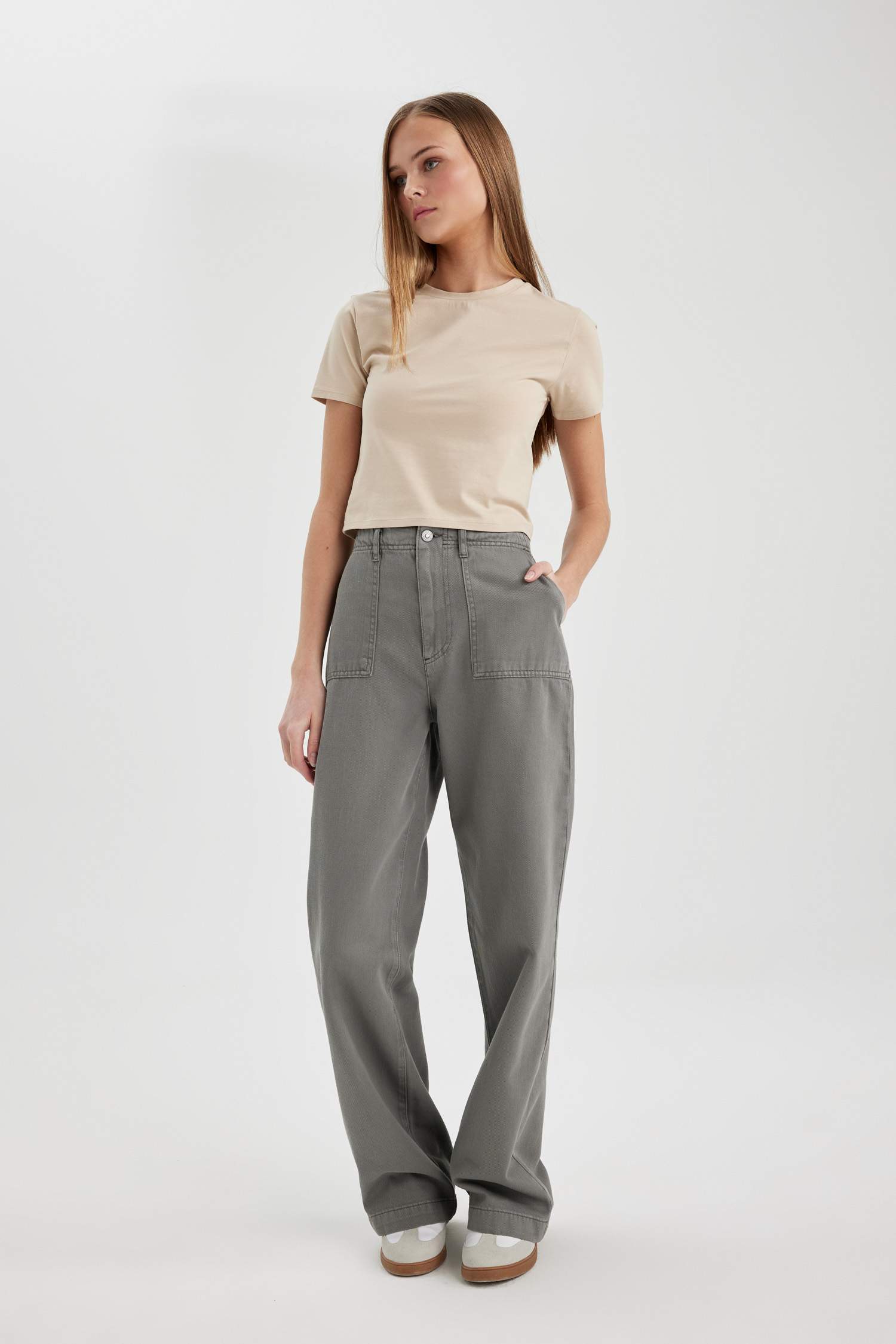 Gabardin Pantolon Wide Leg Geniş Bol Paça Basic Düz Cepli Standart Boy Normal Bel