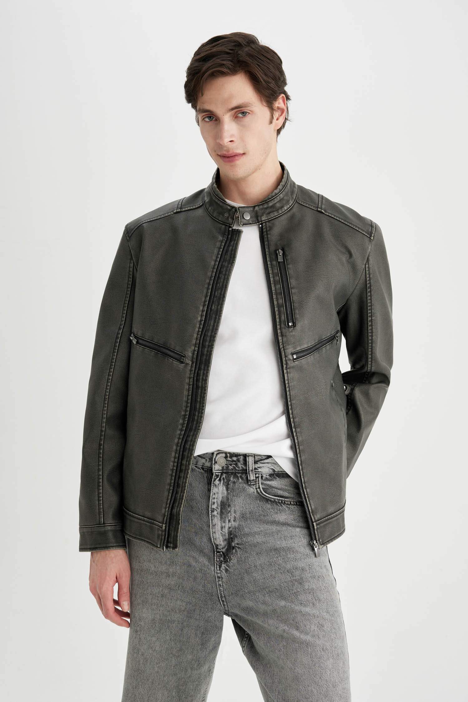 Slim Fit Dar Kesim Suni Deri Mont Ceket Dar Kesim Dik Yaka Fermuarlı Cepli Mevsimlik 