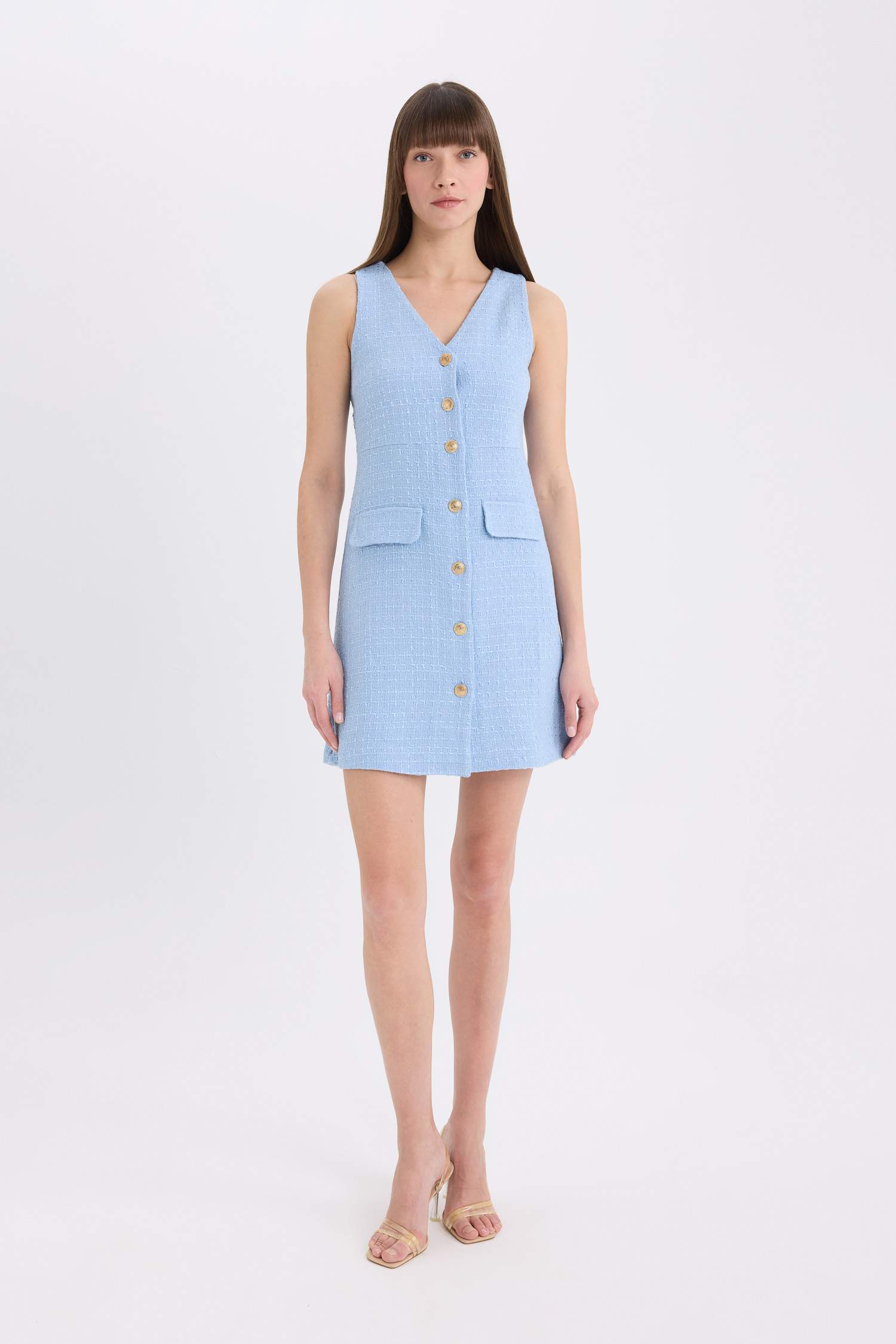 V Yaka Kolsuz Düğme Detaylı Midi Elbise