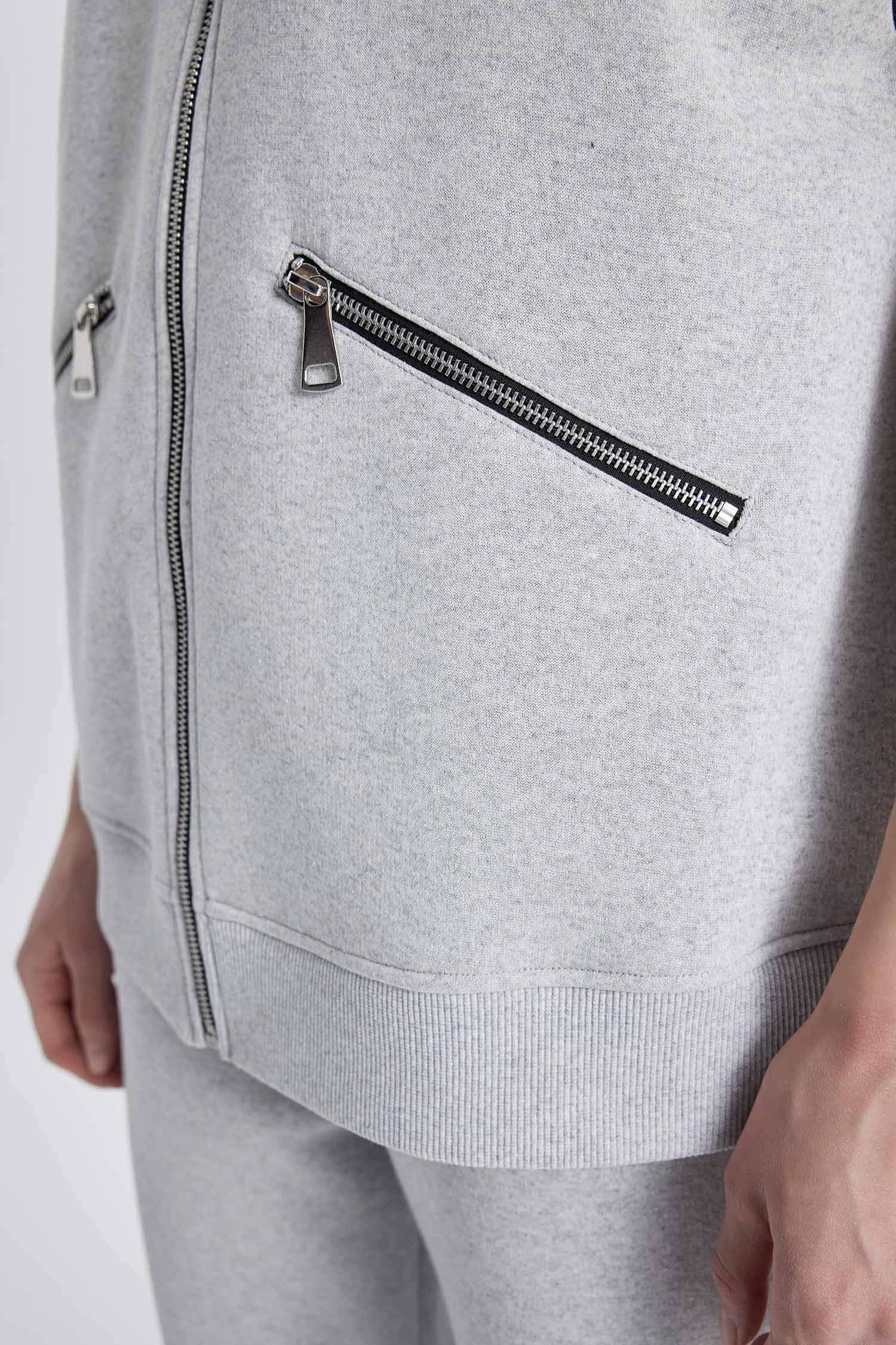 Kolej Yaka Basic Düz Fermuarlı Cepli İçi Yumuşak Tüylü Kolsuz Bomber Hırka