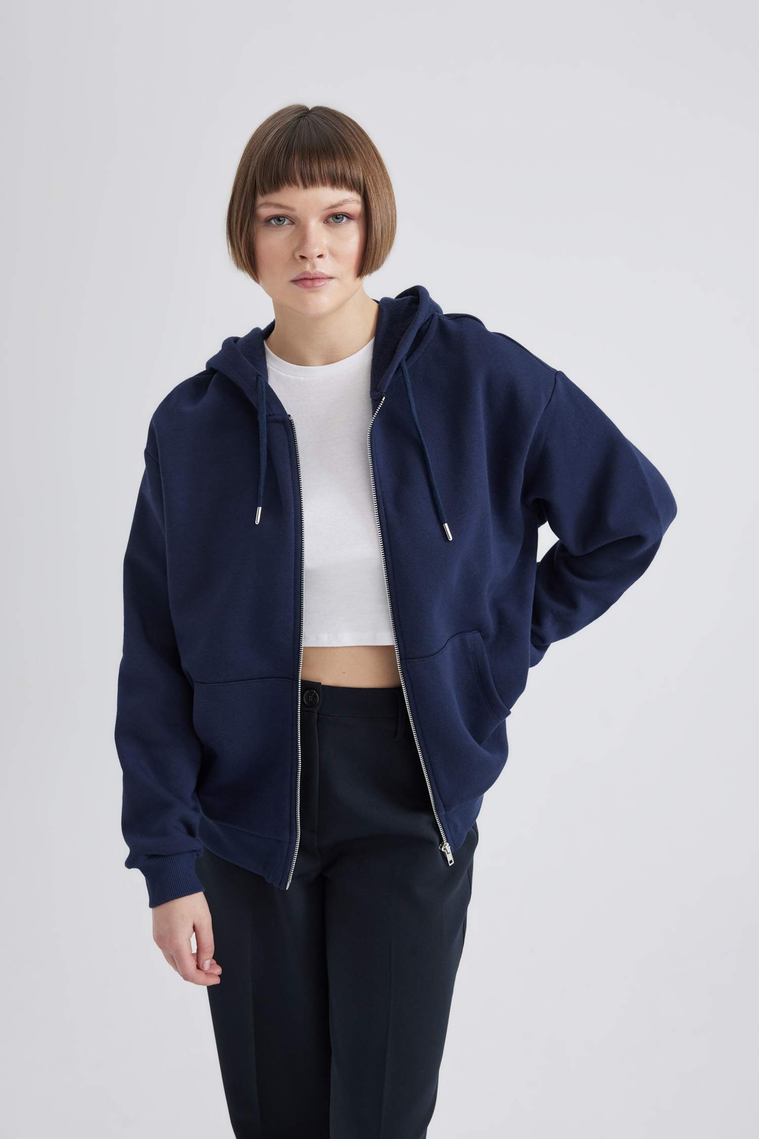 Relax Fit Hooded Pocket Basic Zippered Sweatshirt