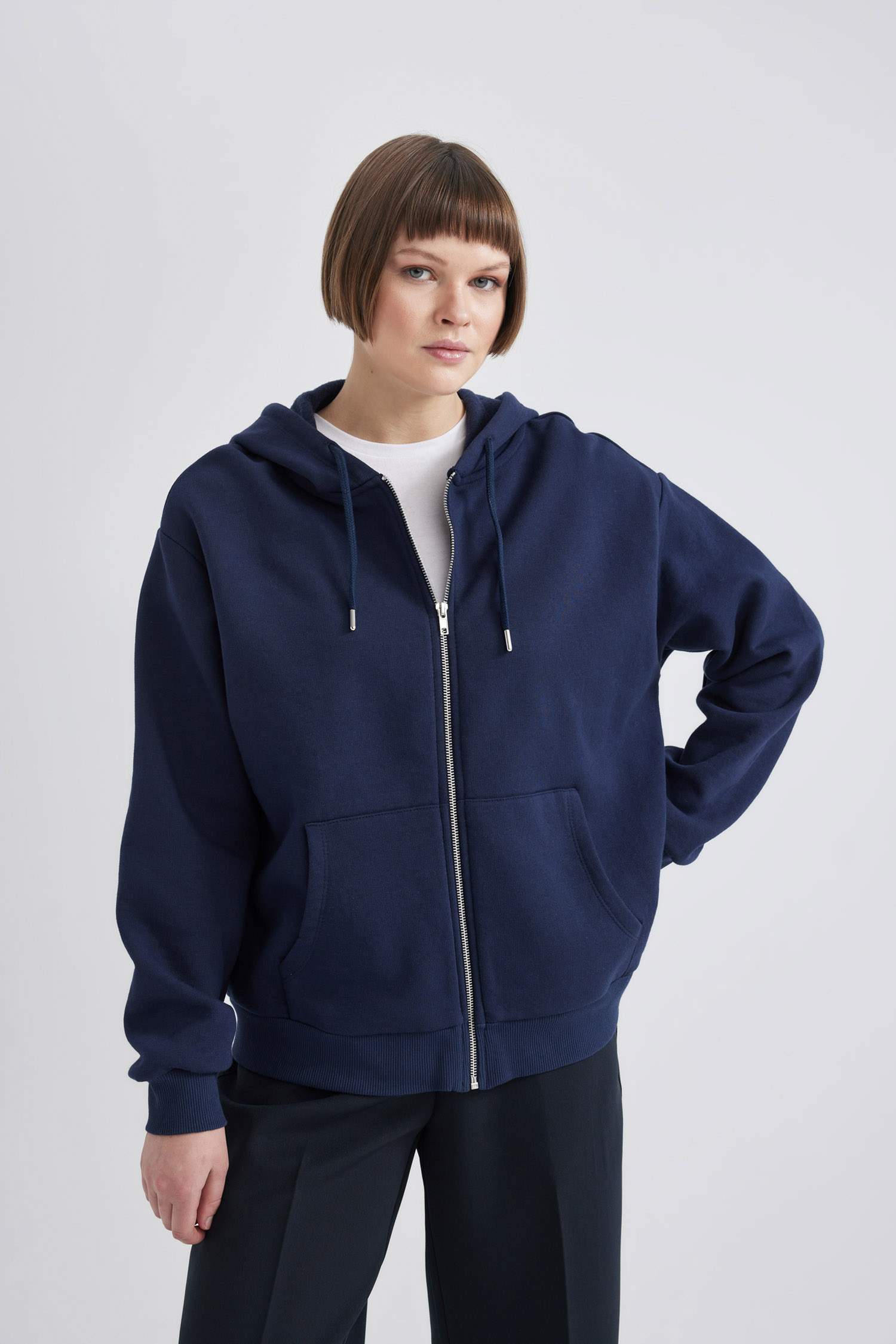 Relax Fit Hooded Pocket Basic Zippered Sweatshirt