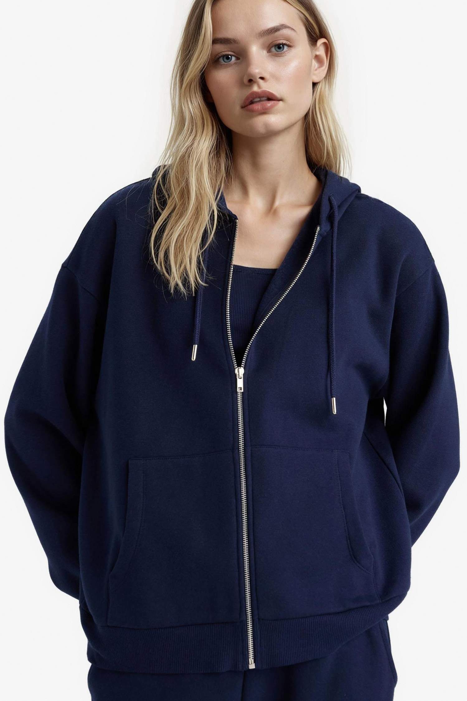 Relax Fit Hooded Basic Thick Sweatshirt Fabric Cardigan