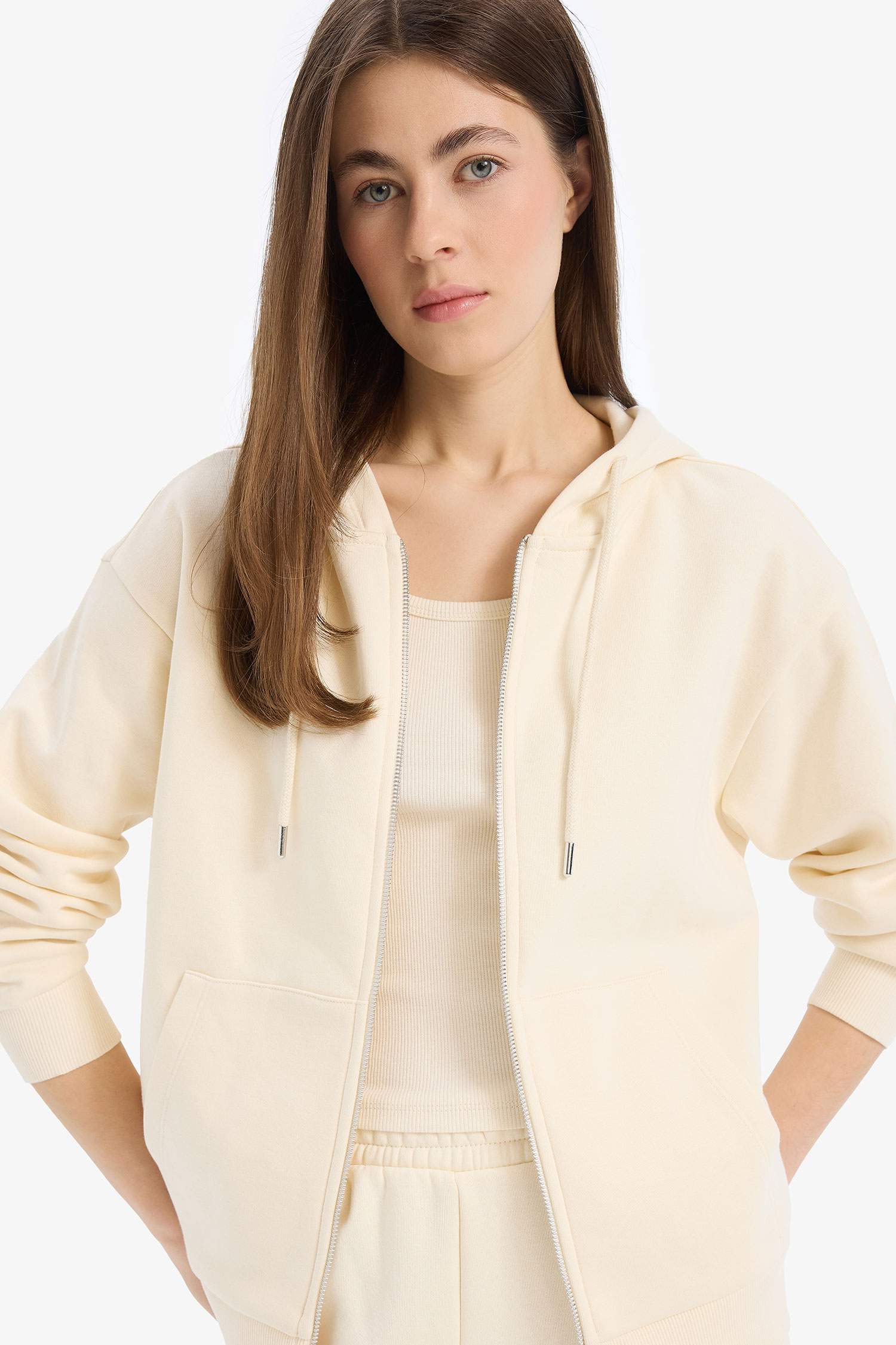 Relax Fit Kapüşonlu Cepli Basic Düz Fermuarlı Sweatshirt