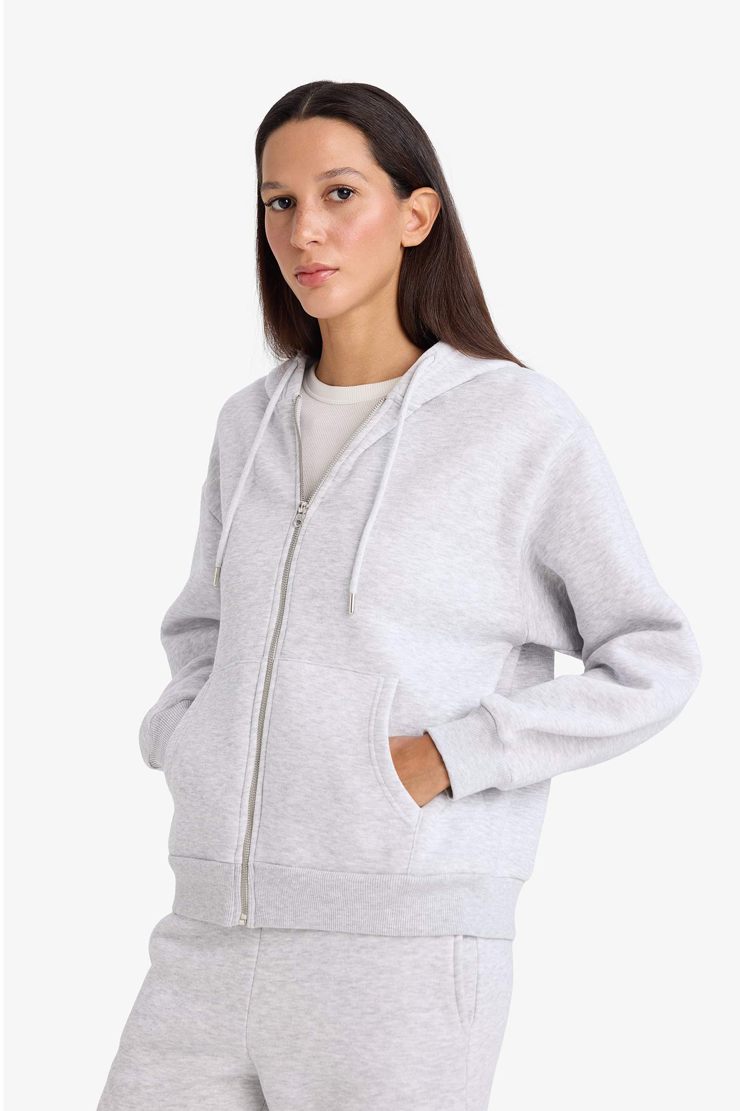 Relax Fit Kapüşonlu Basic Düz Kalın Fermuarlı Sweatshirt
