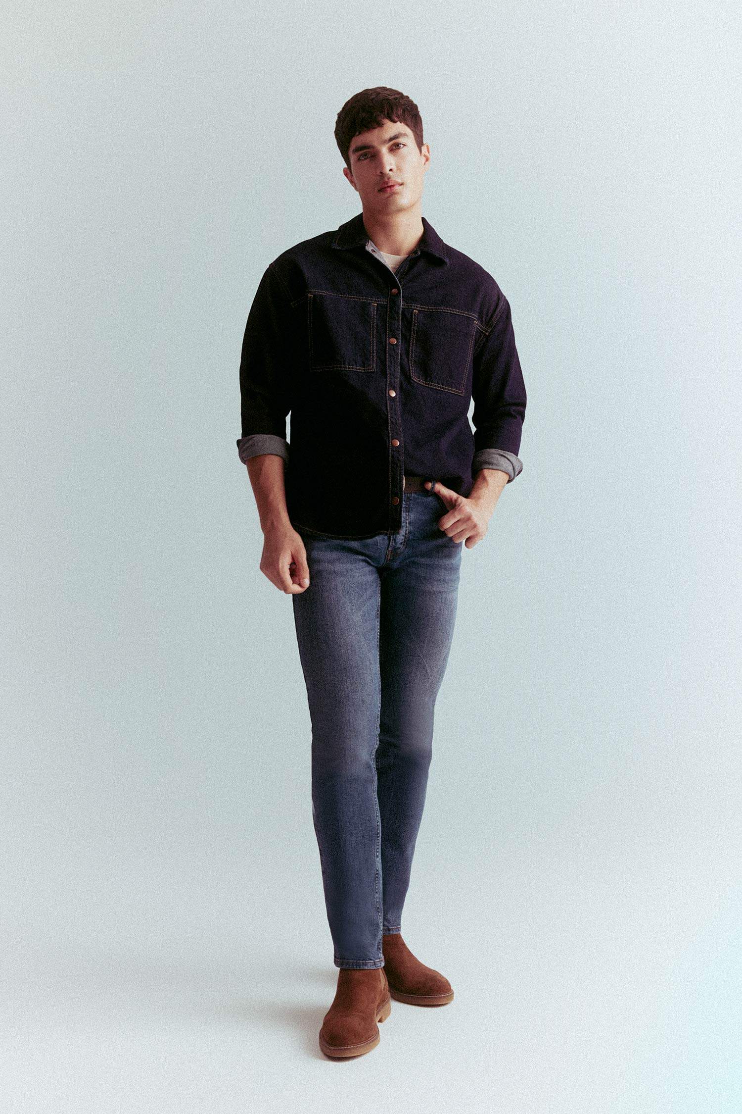 بنطلون جينز بيدرو سليم فيت بخصر عادي أزرق غامق