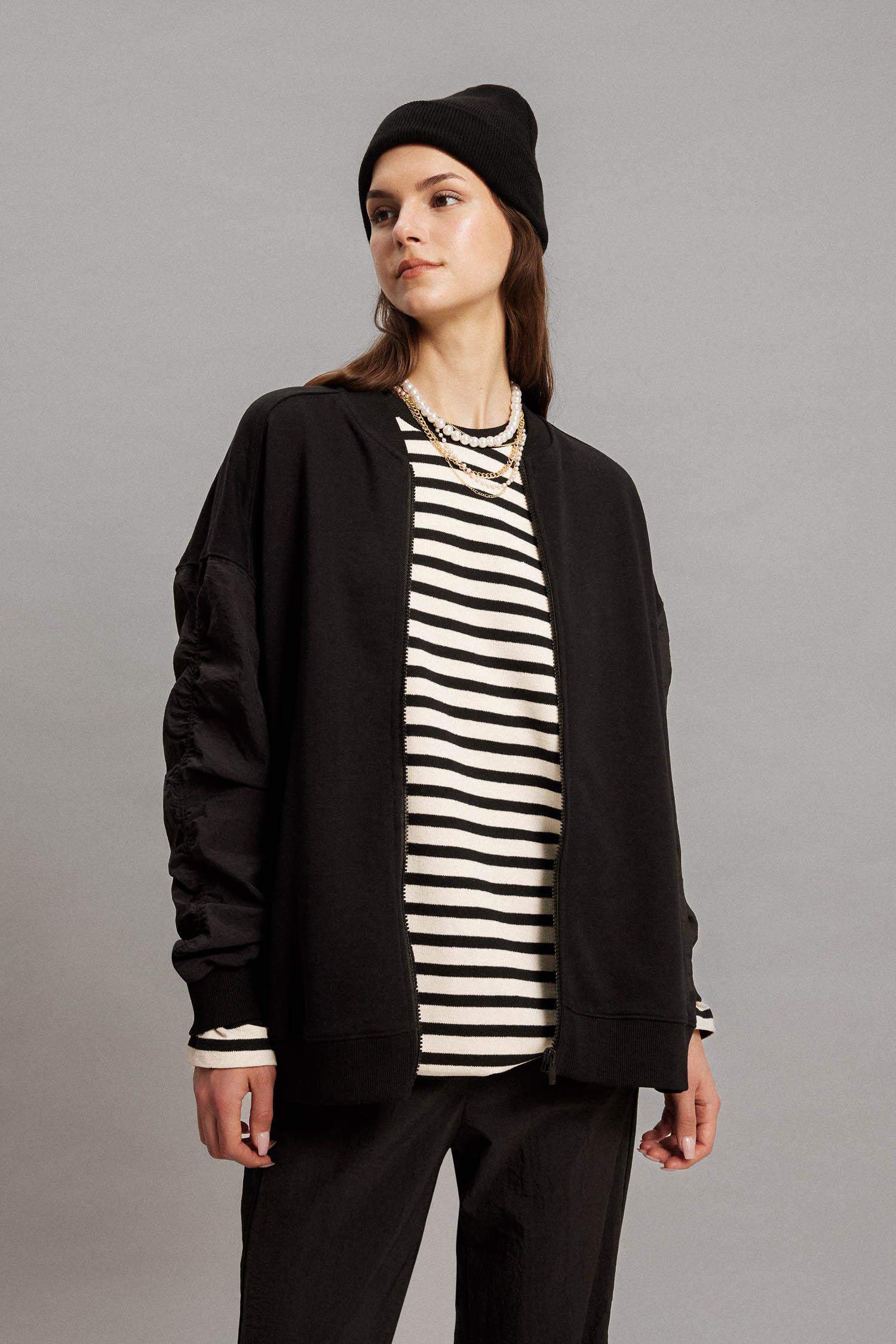 Oversize Fit College Collar Basic Bomber Jacket