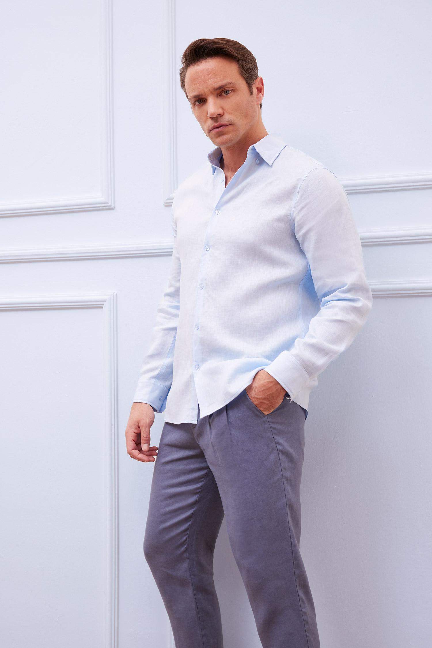 %100 Keten Regular Fit Polo Yaka Yazlık Basic Düz Uzun Kollu Gömlek