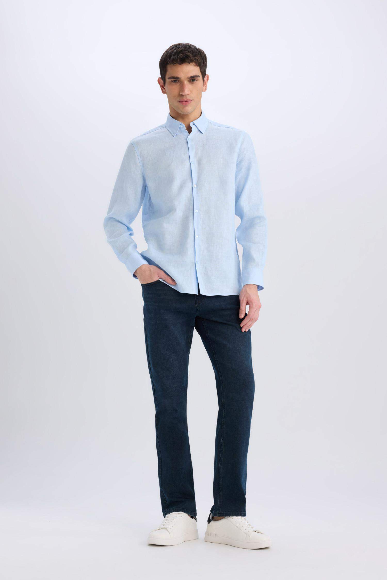 %100 Keten Regular Fit Polo Yaka Yazlık Basic Düz Uzun Kollu Gömlek