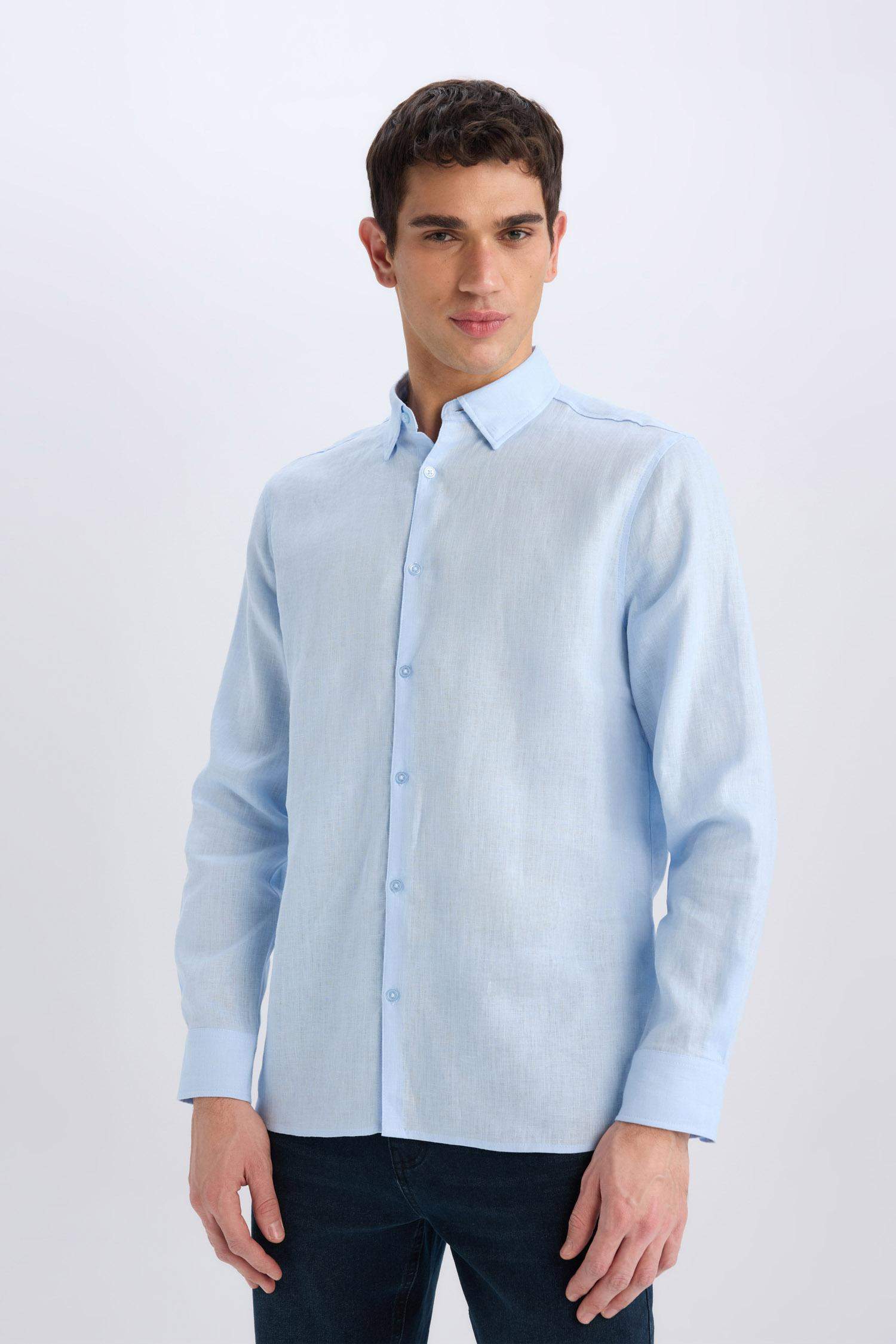 %100 Keten Regular Fit Polo Yaka Yazlık Basic Düz Uzun Kollu Gömlek