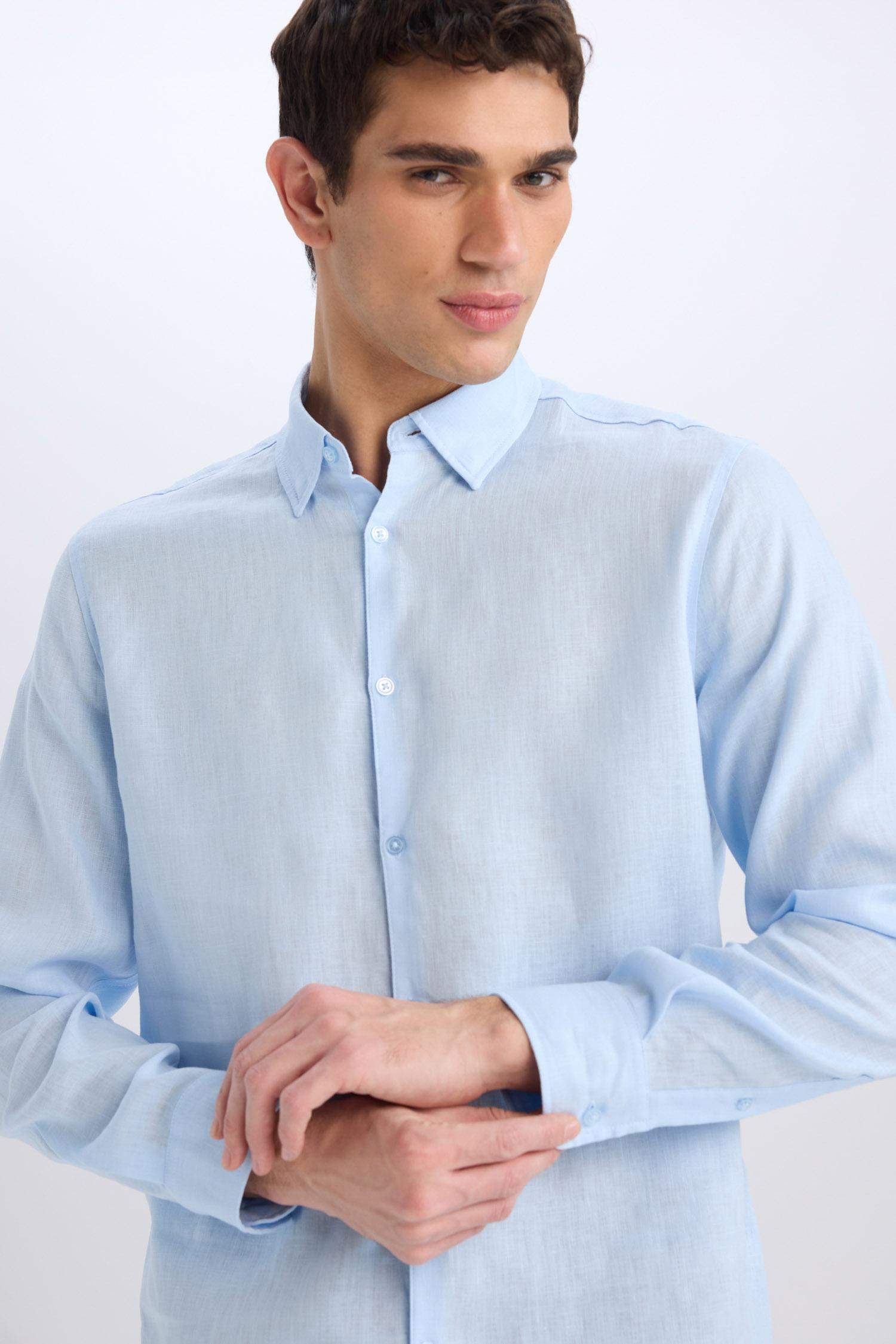 %100 Keten Regular Fit Polo Yaka Yazlık Basic Düz Uzun Kollu Gömlek