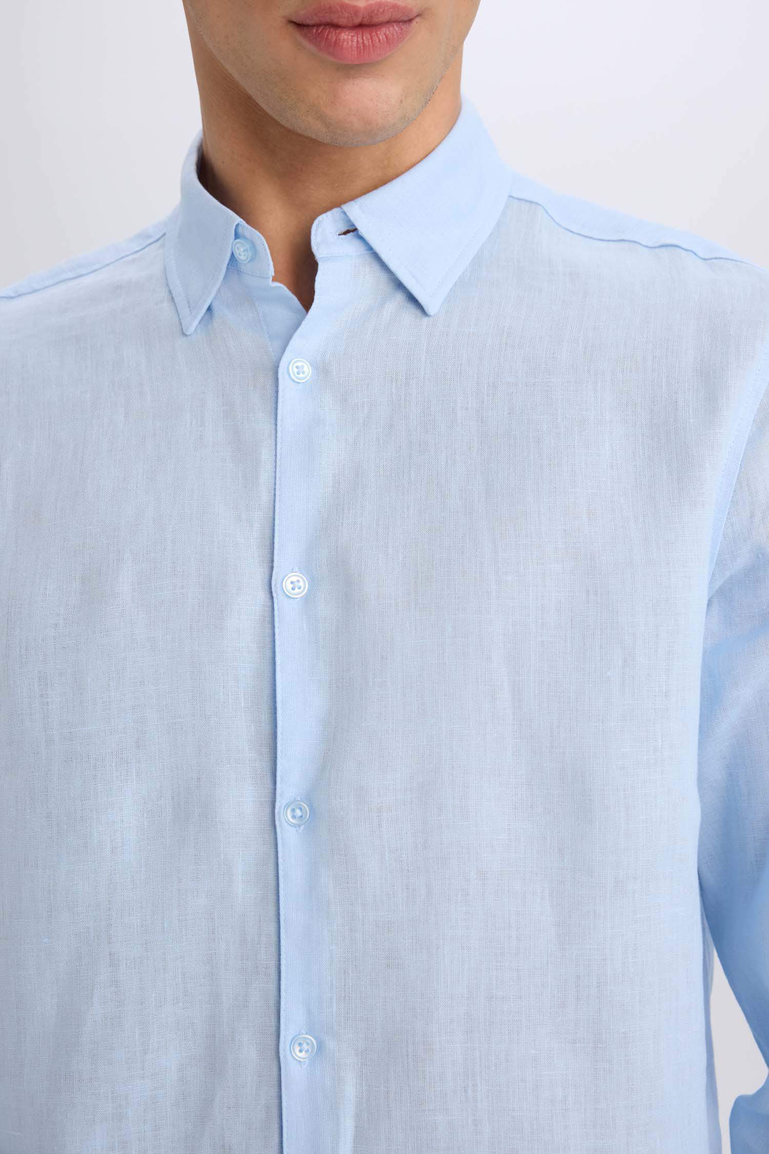 %100 Keten Regular Fit Polo Yaka Yazlık Basic Düz Uzun Kollu Gömlek