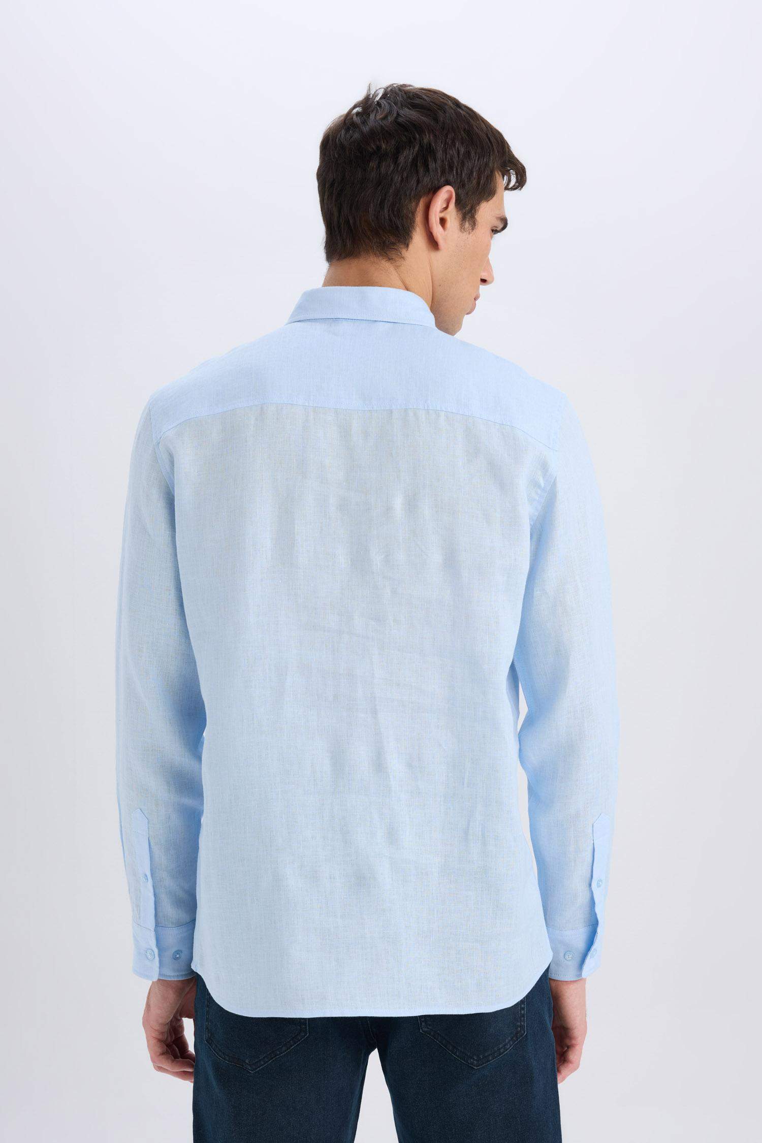 %100 Keten Regular Fit Polo Yaka Yazlık Basic Düz Uzun Kollu Gömlek