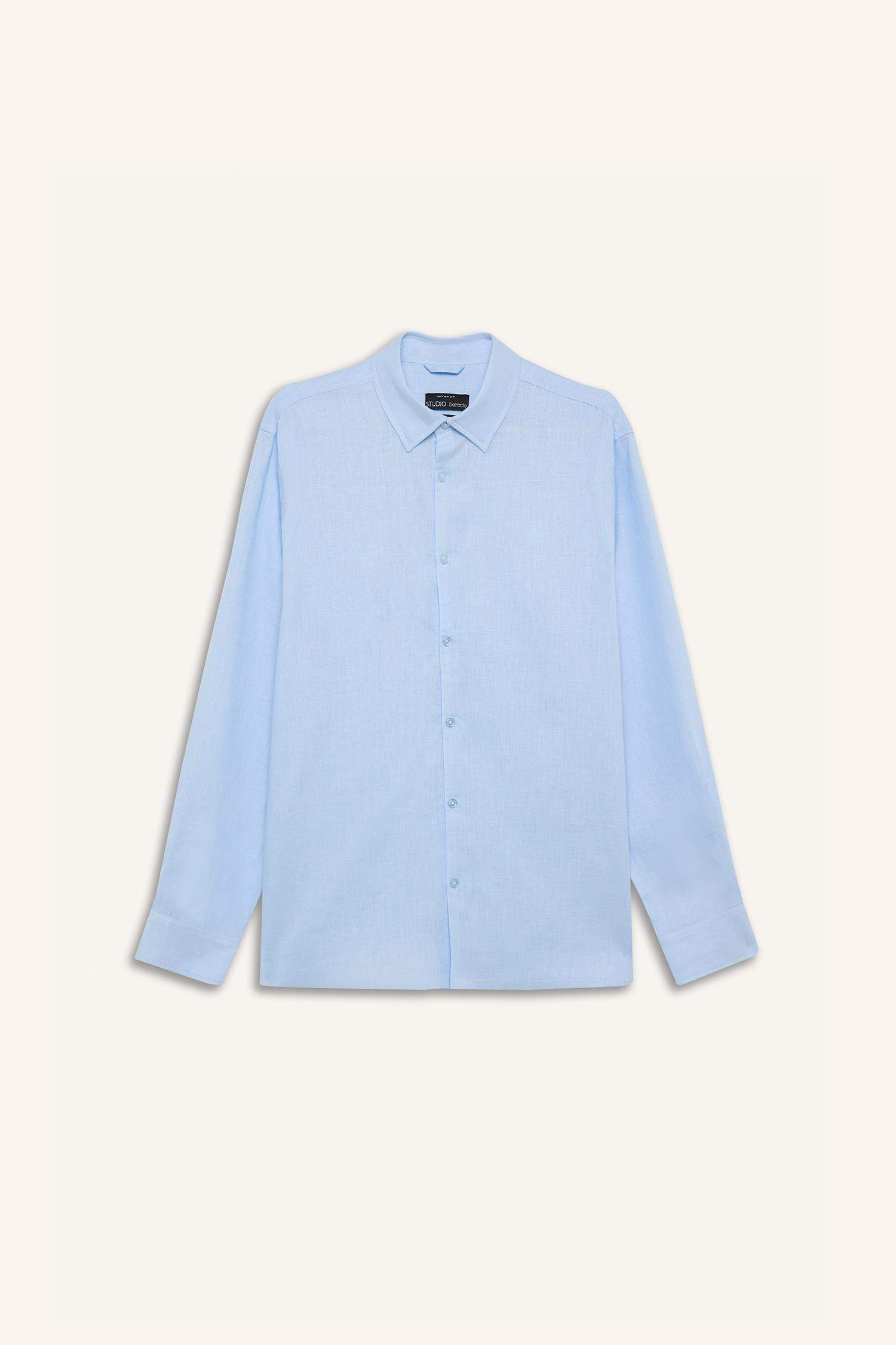 %100 Keten Regular Fit Polo Yaka Yazlık Basic Düz Uzun Kollu Gömlek