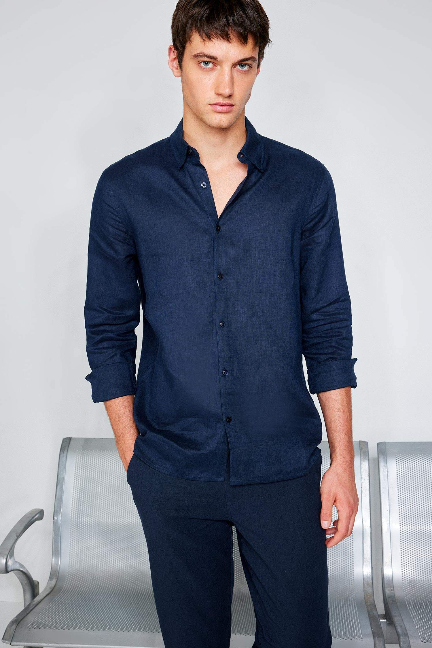 %100 Keten Regular Fit Polo Yaka Yazlık Basic Düz Uzun Kollu Gömlek