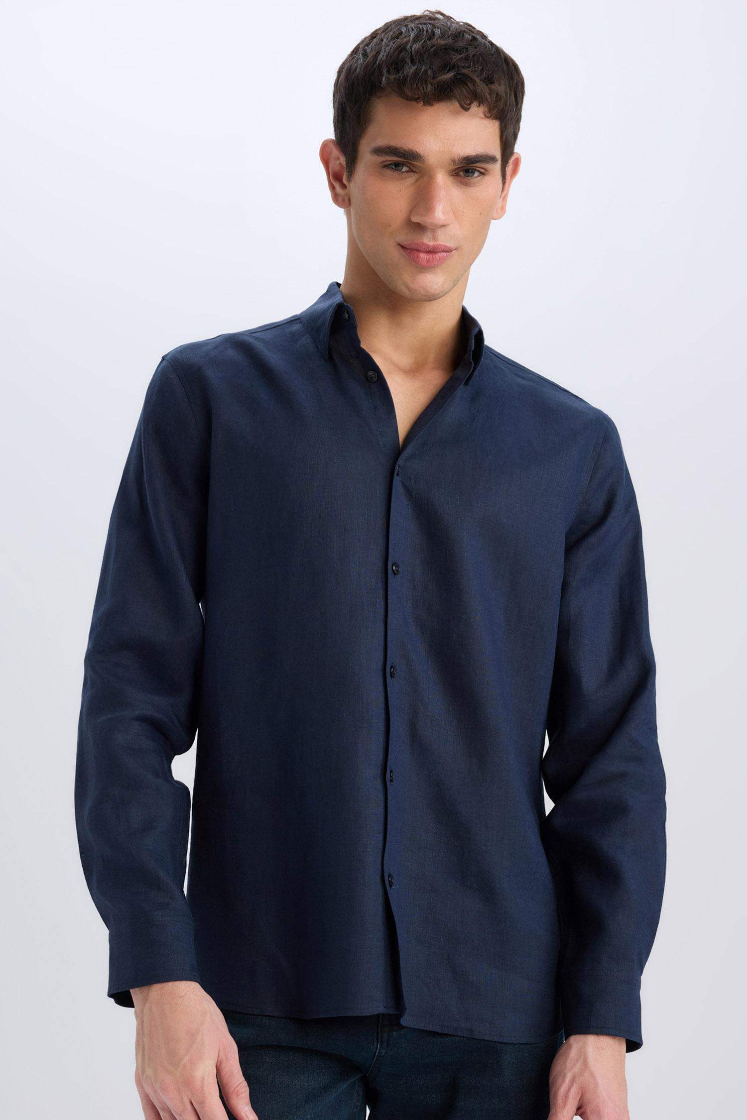 %100 Keten Regular Fit Polo Yaka Yazlık Basic Düz Uzun Kollu Gömlek