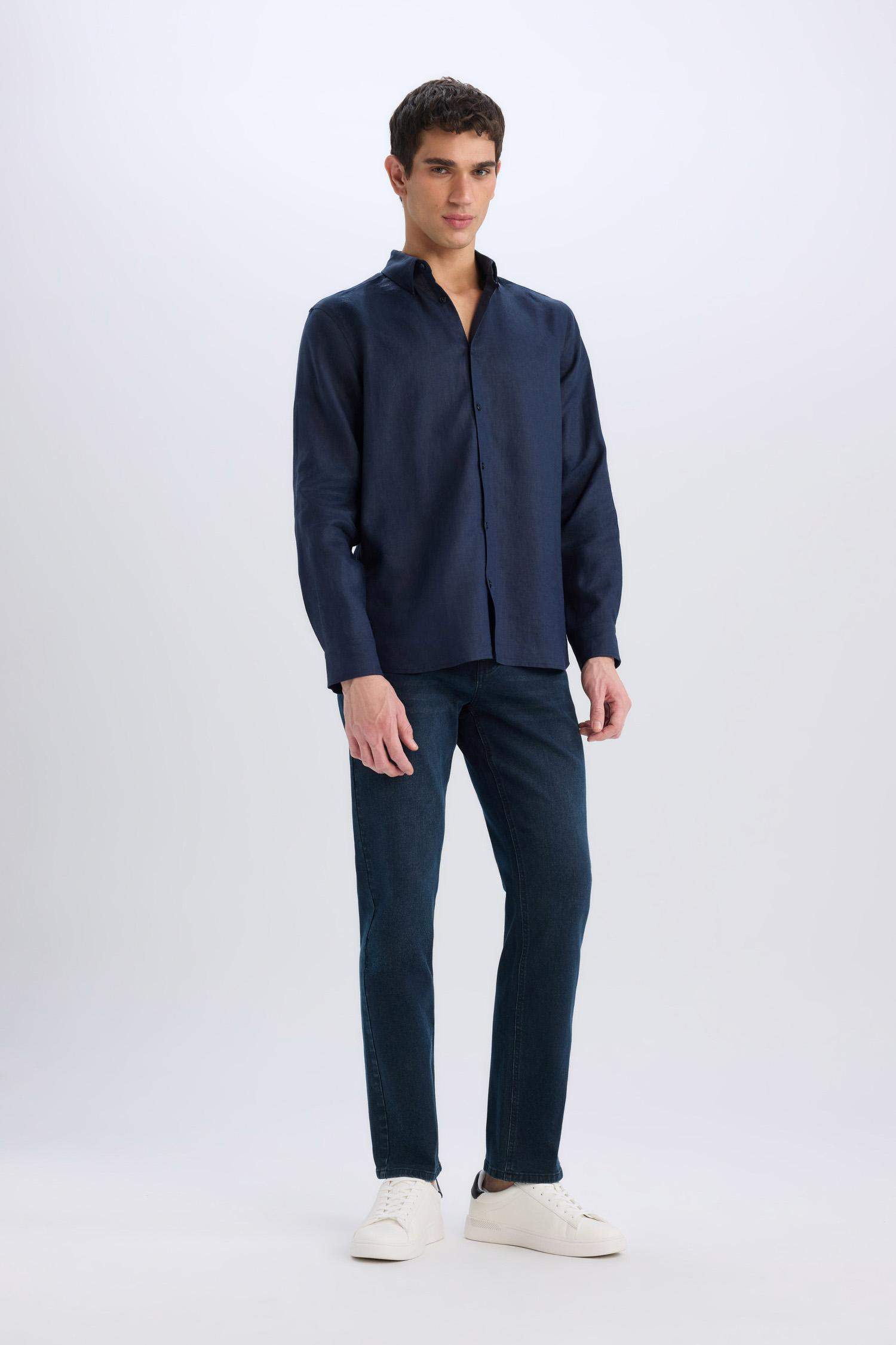 %100 Keten Regular Fit Polo Yaka Yazlık Basic Düz Uzun Kollu Gömlek