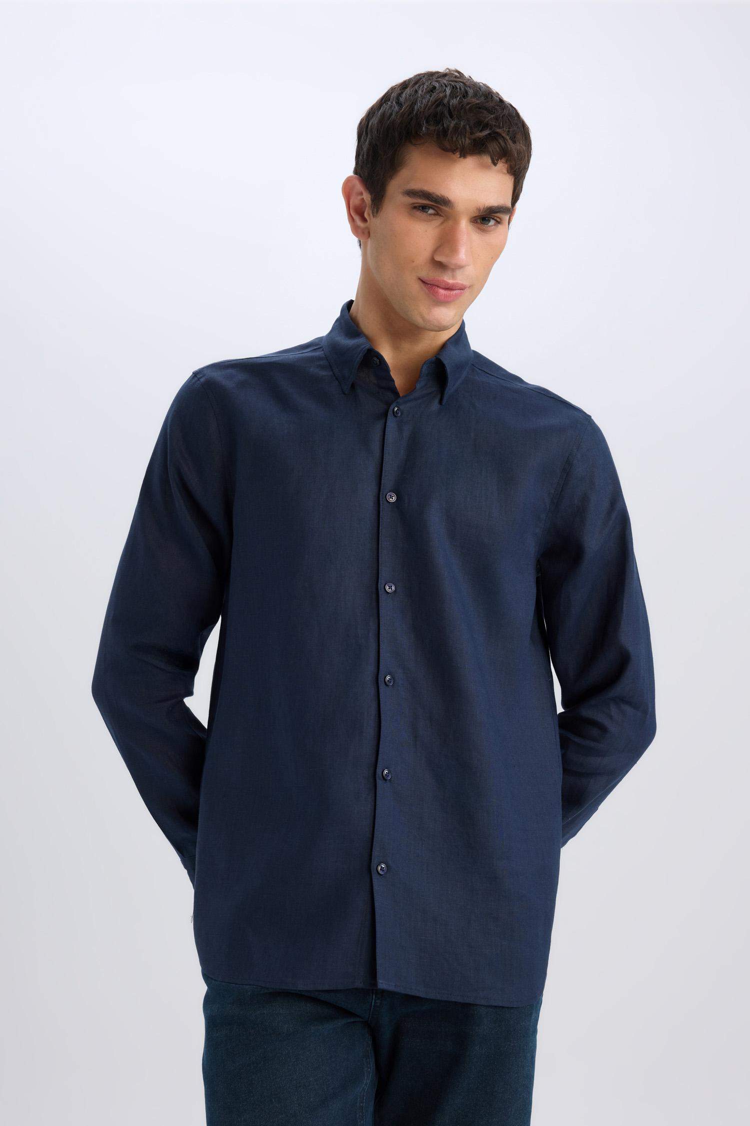 %100 Keten Regular Fit Polo Yaka Yazlık Basic Düz Uzun Kollu Gömlek