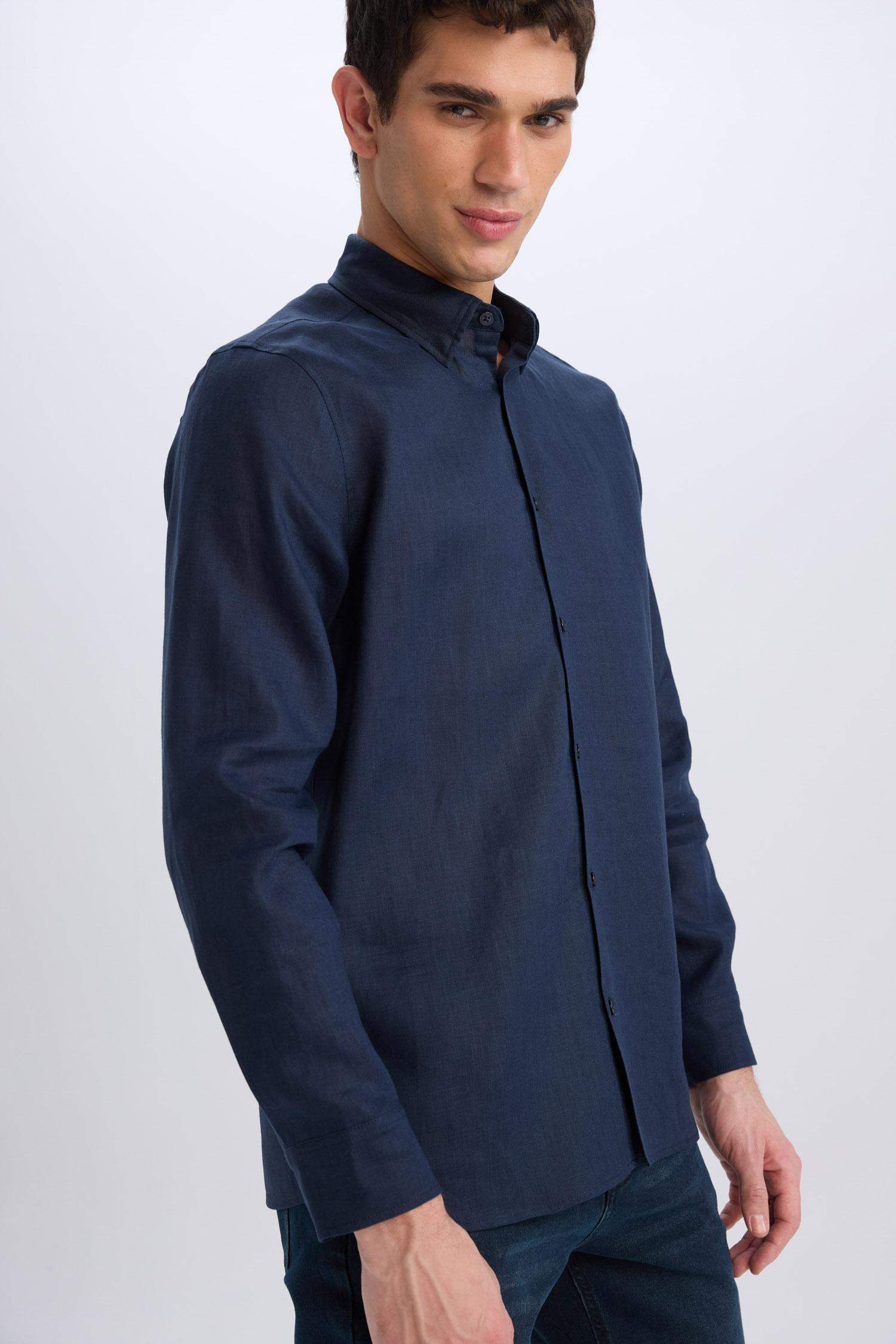 %100 Keten Regular Fit Polo Yaka Yazlık Basic Düz Uzun Kollu Gömlek