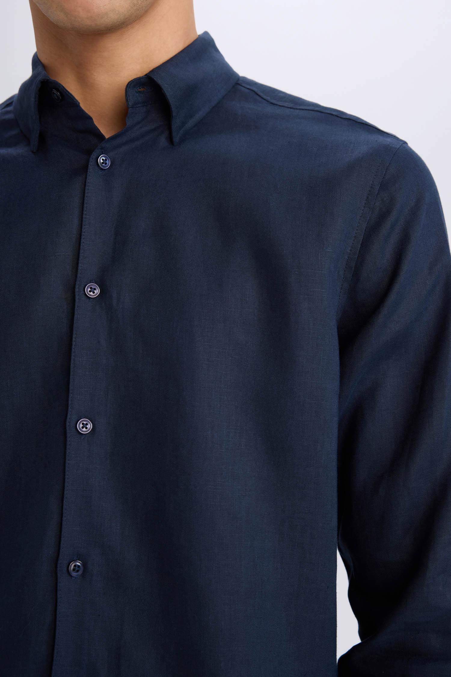 %100 Keten Regular Fit Polo Yaka Yazlık Basic Düz Uzun Kollu Gömlek