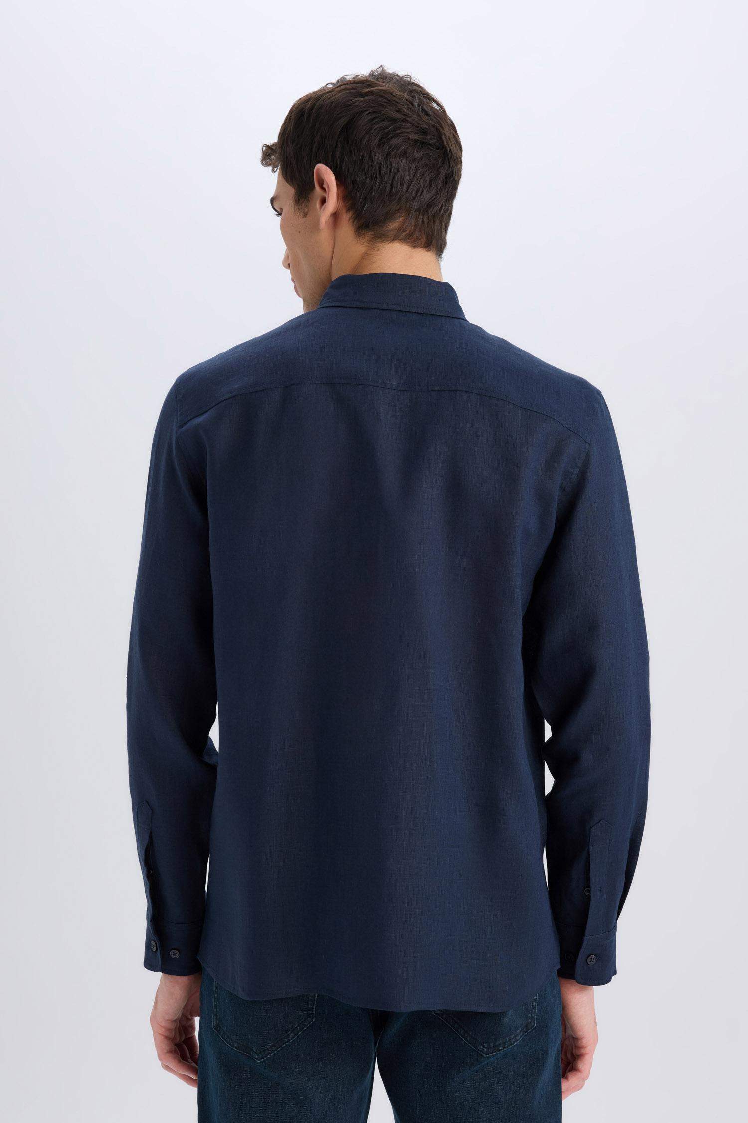 %100 Keten Regular Fit Polo Yaka Yazlık Basic Düz Uzun Kollu Gömlek