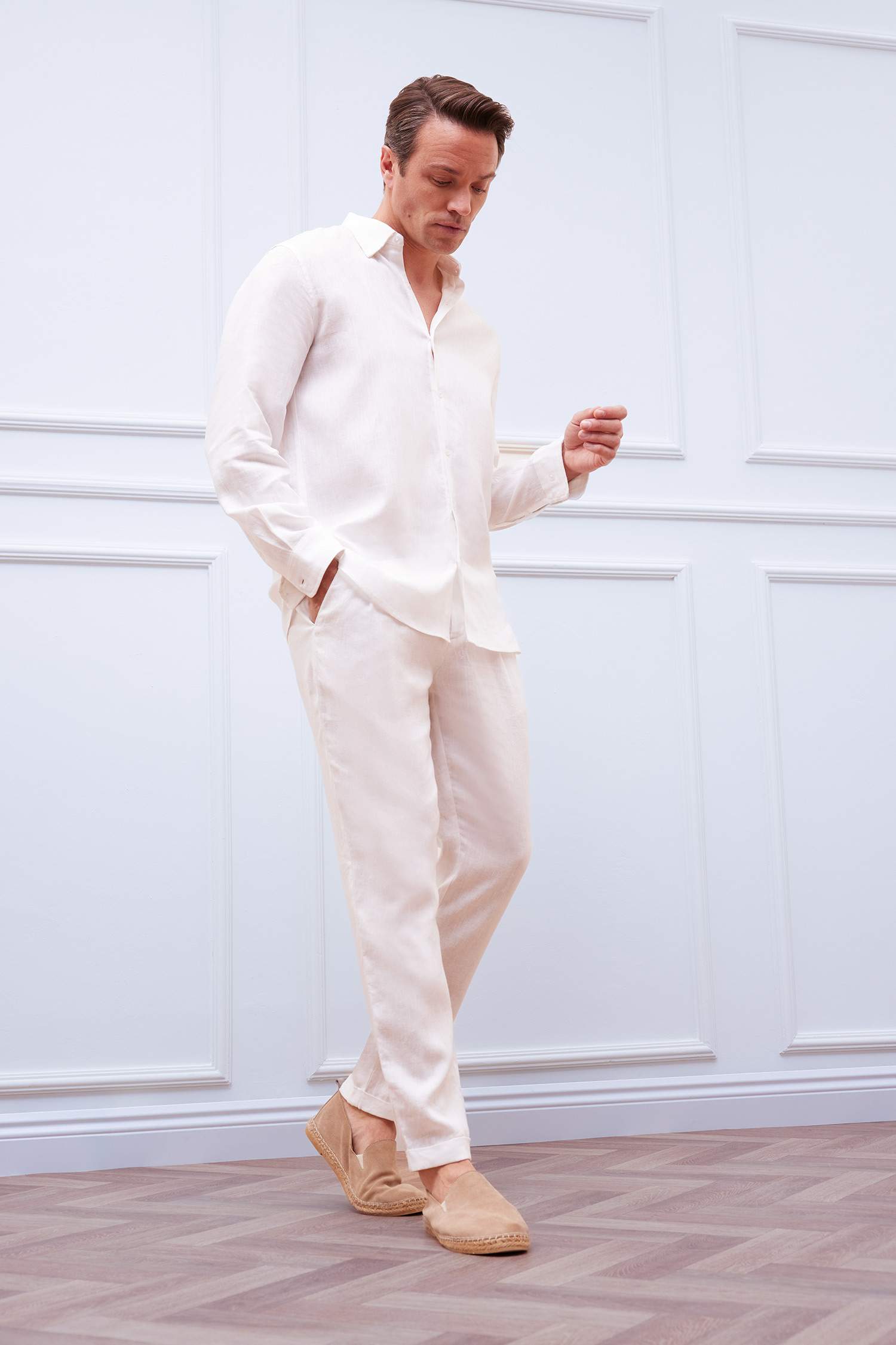 %100 Keten Regular Fit Polo Yaka Yazlık Basic Düz Uzun Kollu Beyaz Gömlek