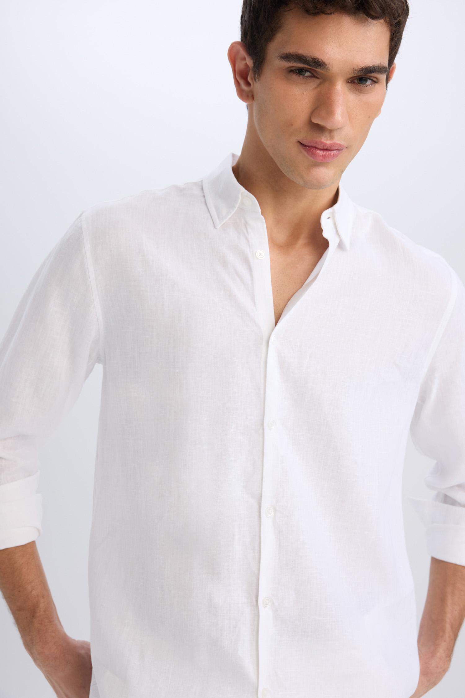 %100 Keten Regular Fit Polo Yaka Yazlık Basic Düz Uzun Kollu Beyaz Gömlek