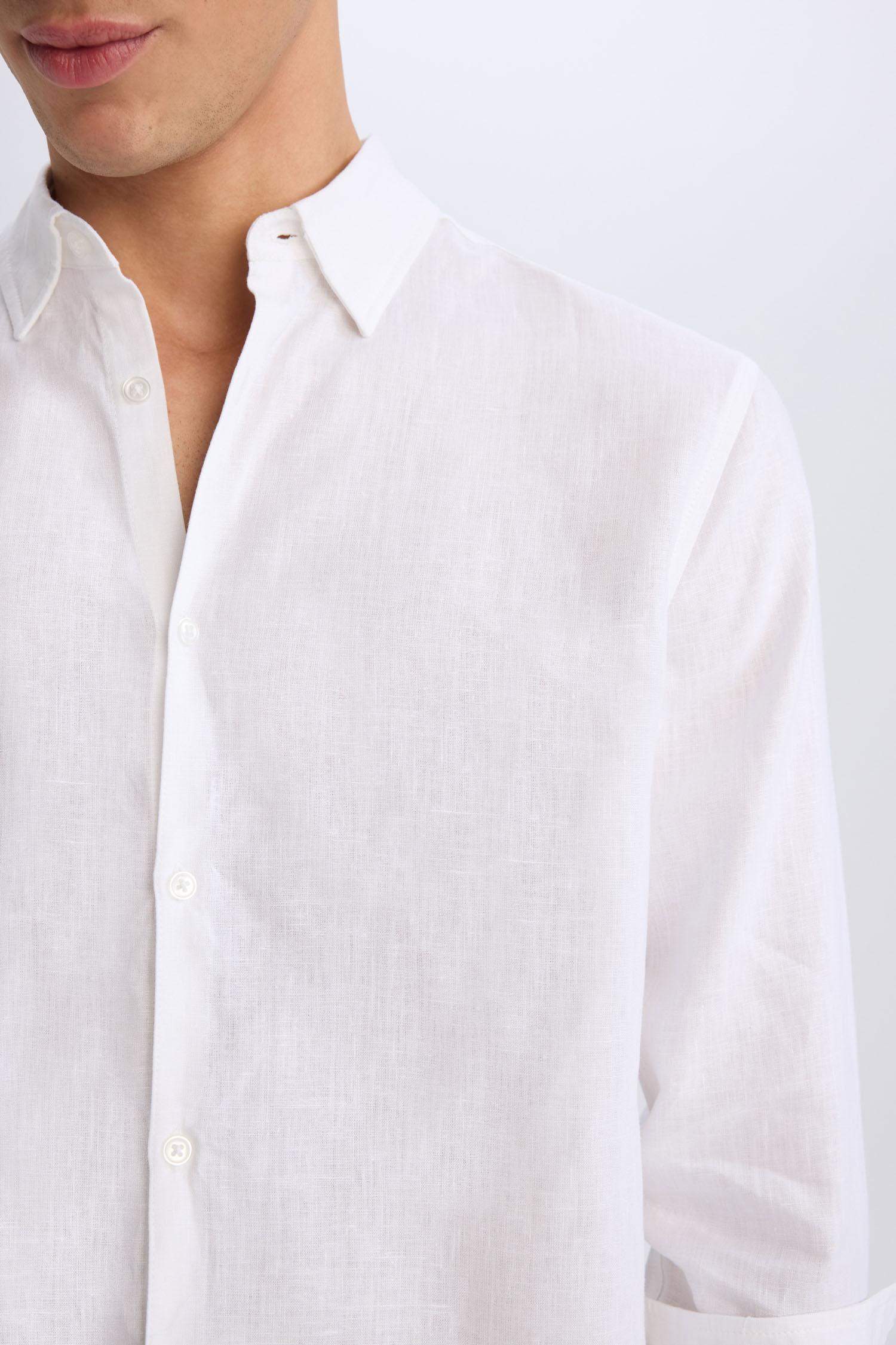 %100 Keten Regular Fit Polo Yaka Yazlık Basic Düz Uzun Kollu Beyaz Gömlek