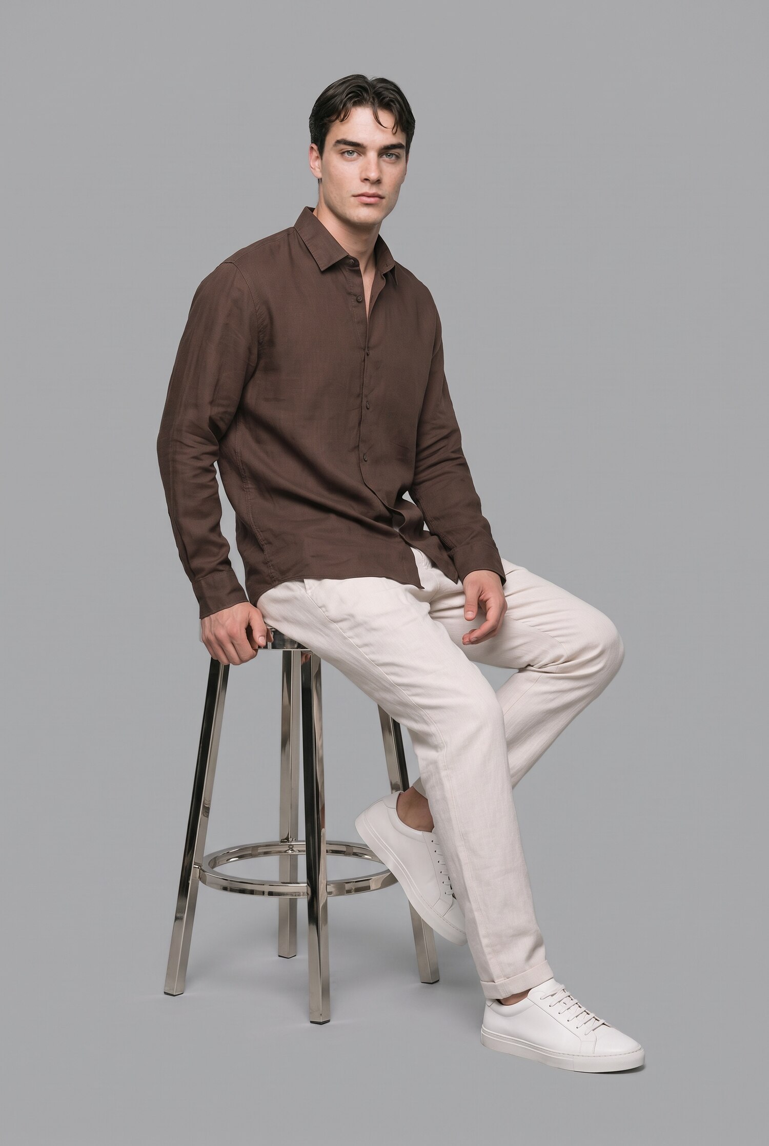 DeFacto %100 Keten Regular Fit Basic Uzun Kollu Gömlek görsel 5