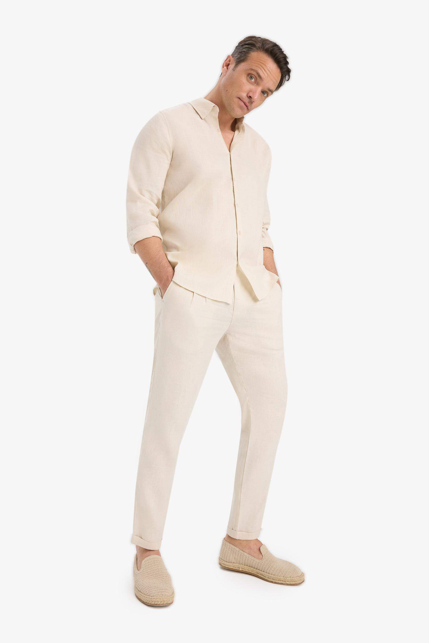 %100 Keten Normal Kesim Crop Duble Paça Yazlık Kumaş Pantolon