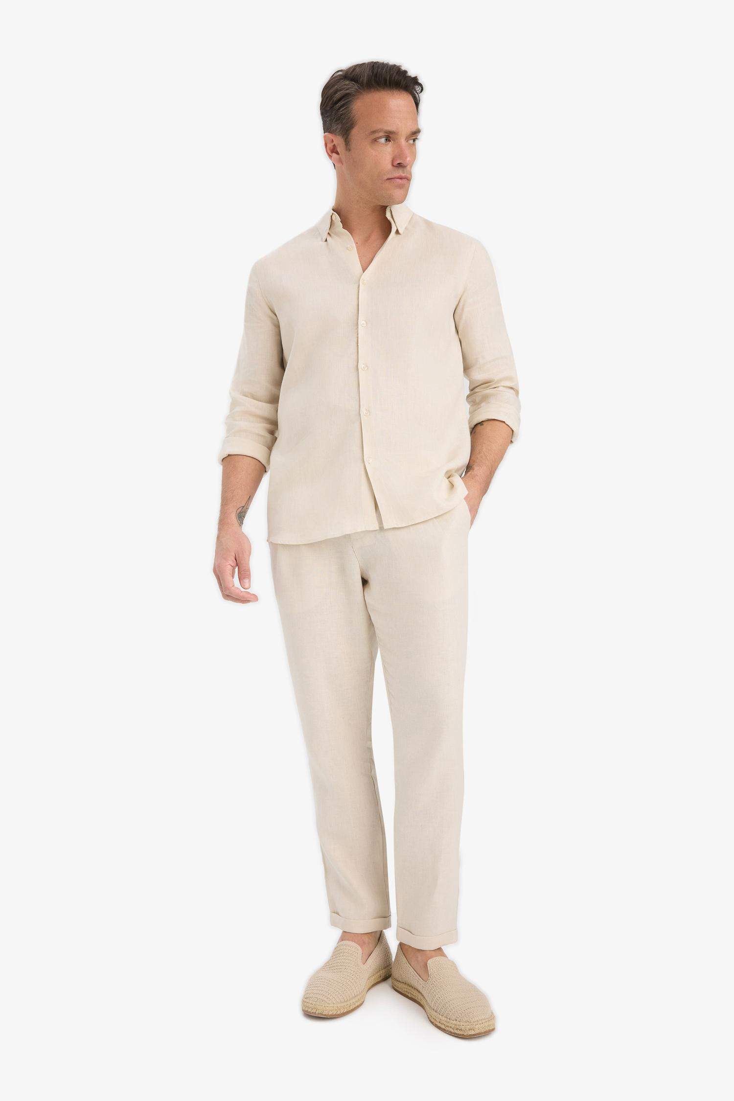 %100 Keten Normal Kesim Crop Duble Paça Yazlık Kumaş Pantolon