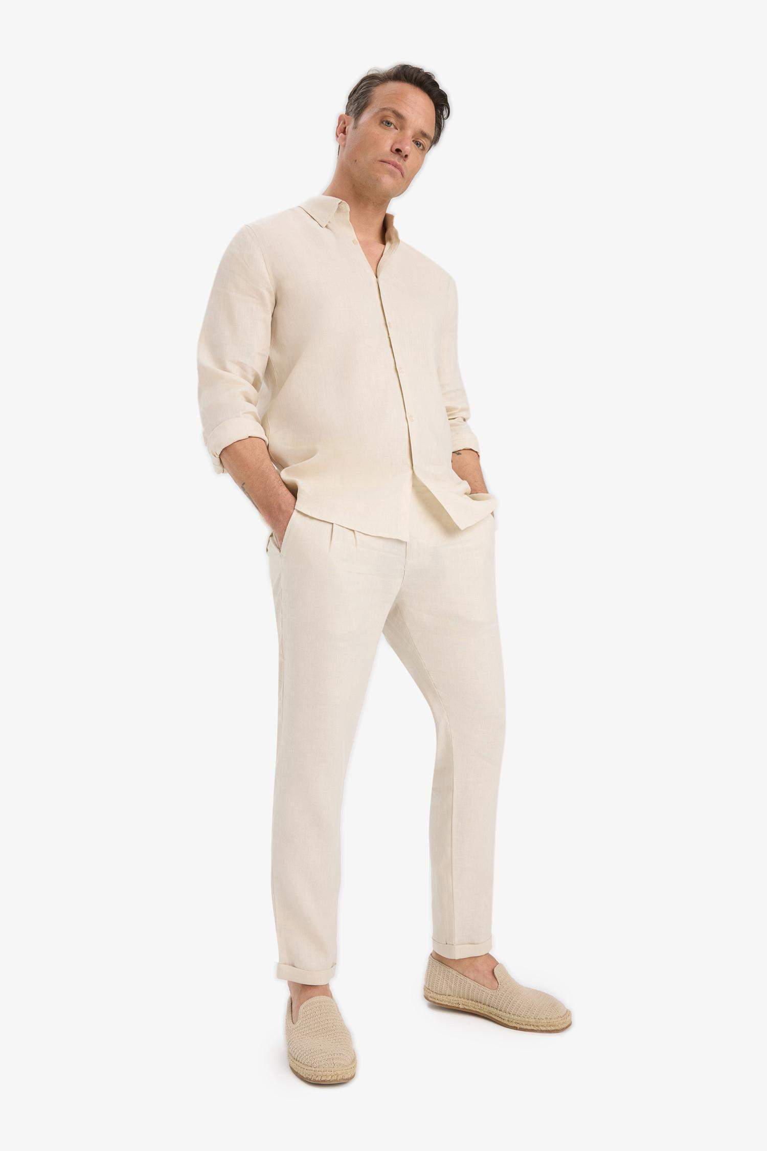 %100 Keten Normal Kesim Crop Duble Paça Yazlık Kumaş Pantolon