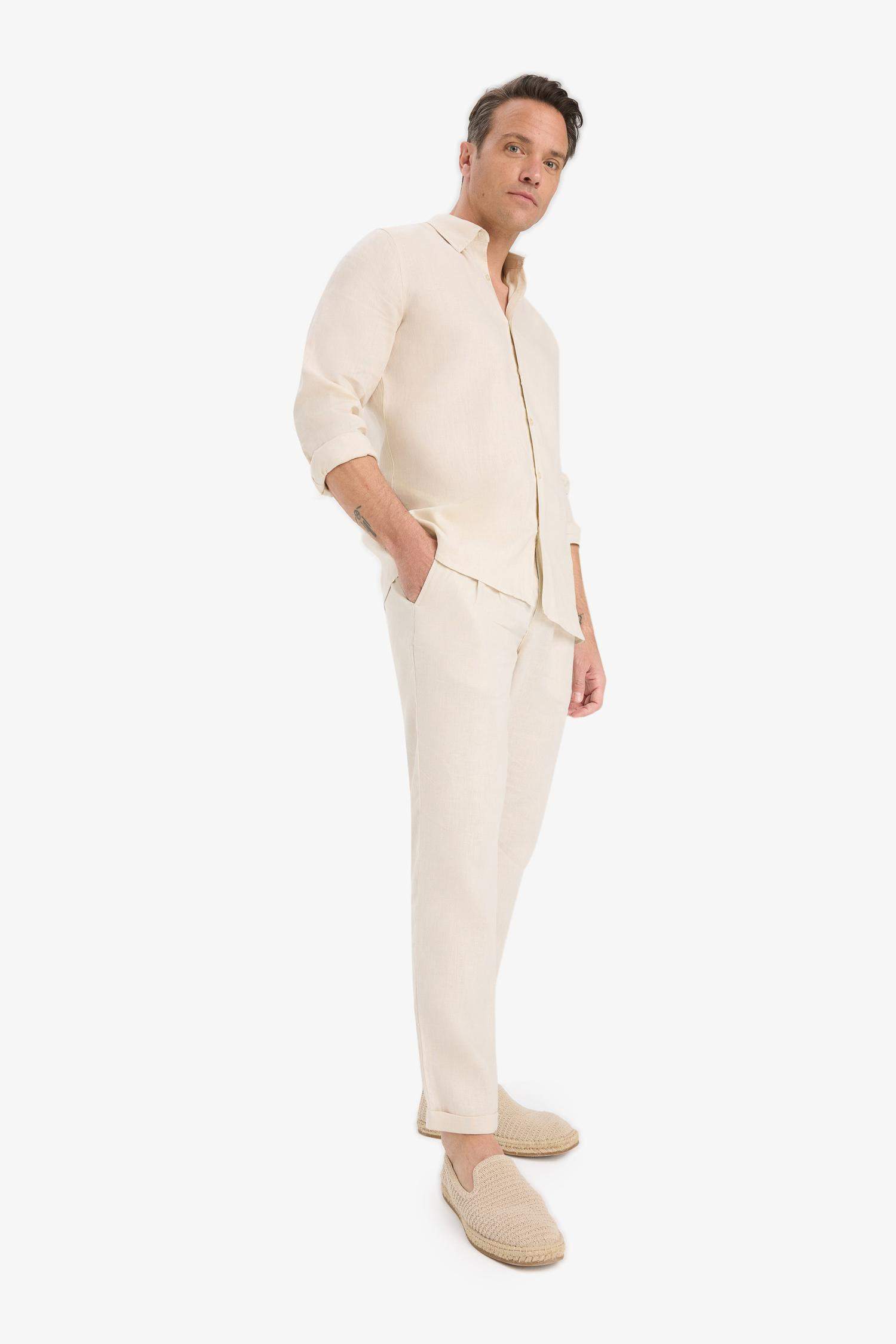 %100 Keten Normal Kesim Crop Duble Paça Yazlık Kumaş Pantolon